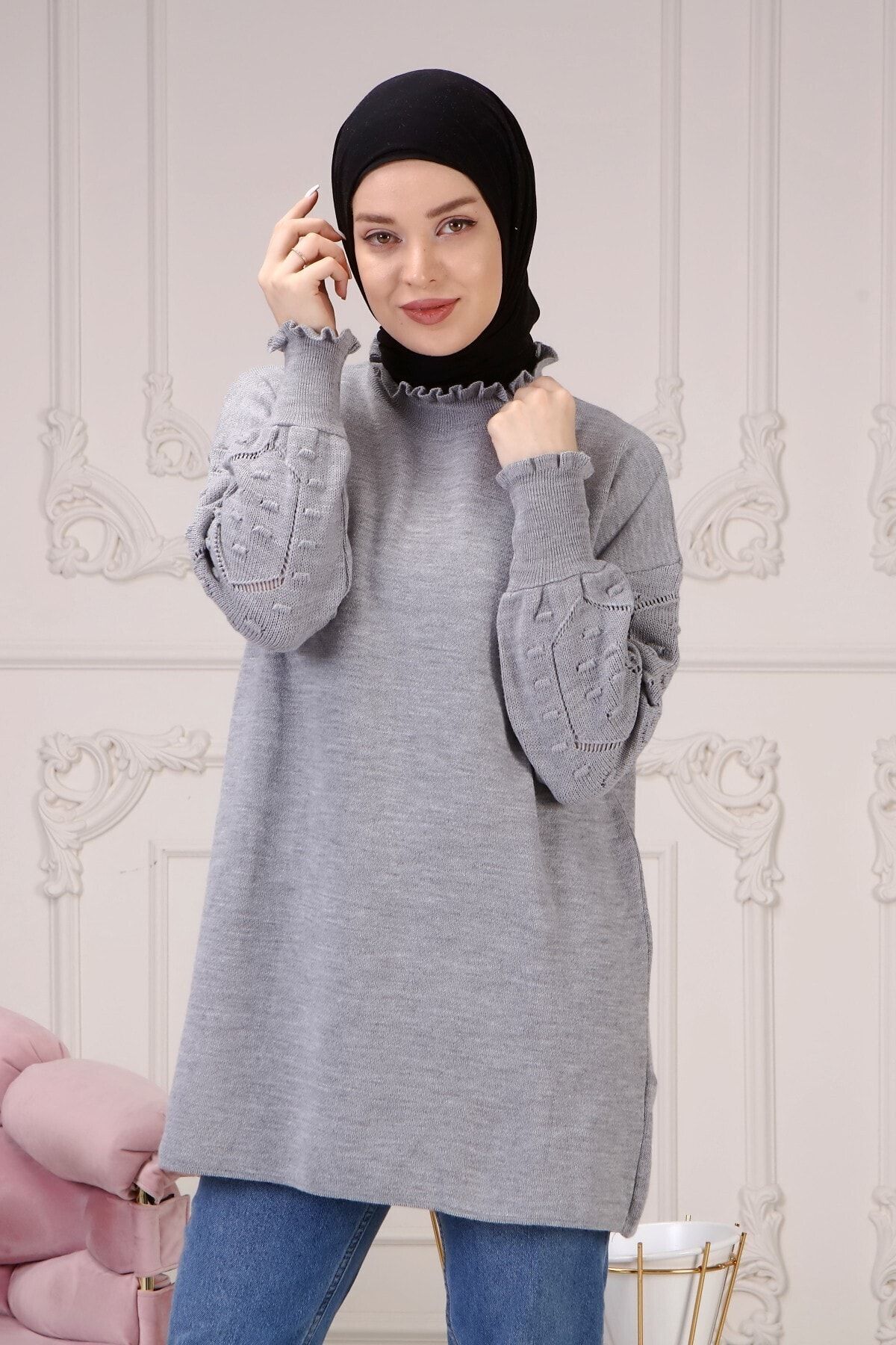 ilmek Kadın Gri Kolu Desenli Büzgülü Triko Kazak