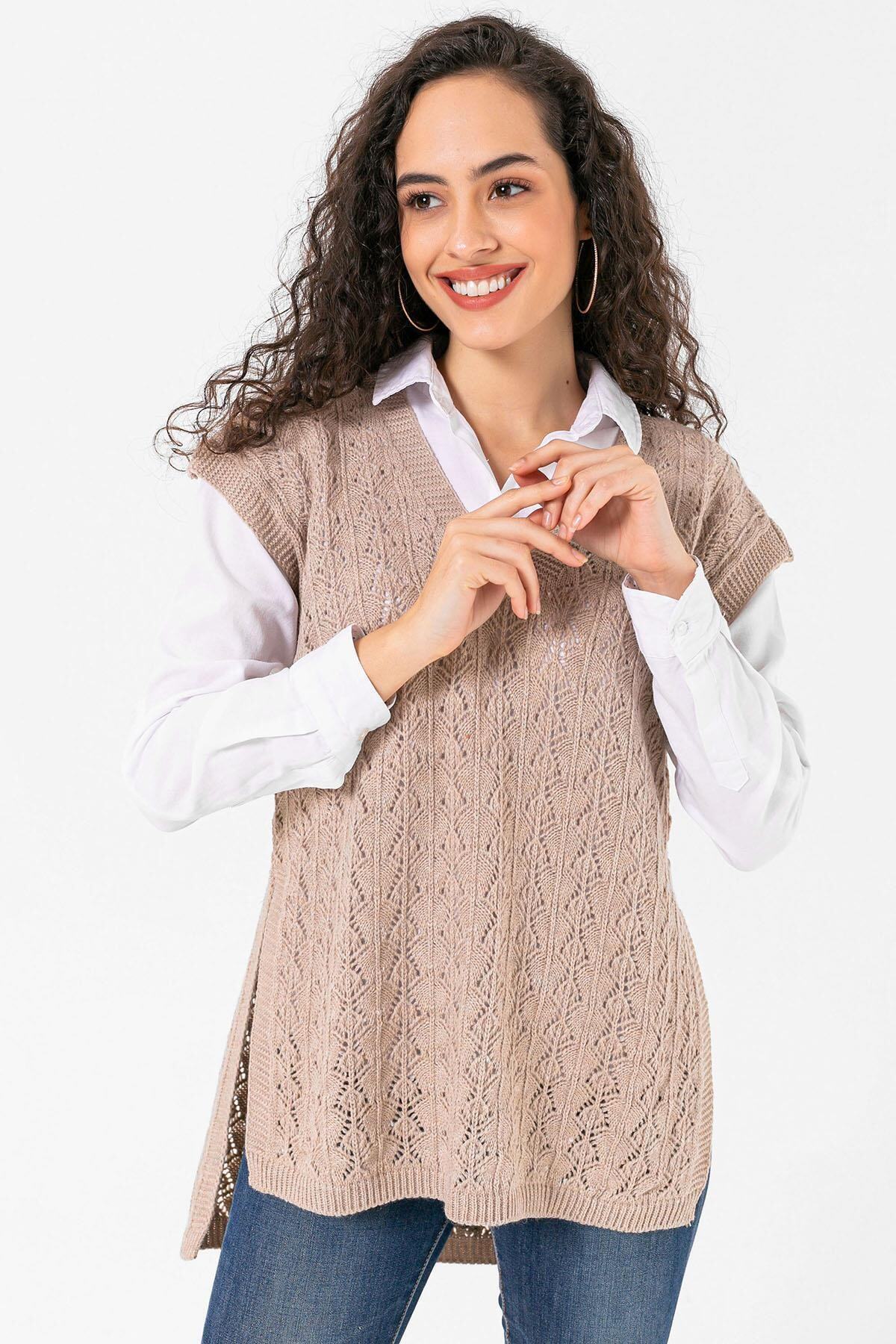 ŞİMAL Kadın Yanı Yırtmaç Detaylı Örme Süveter