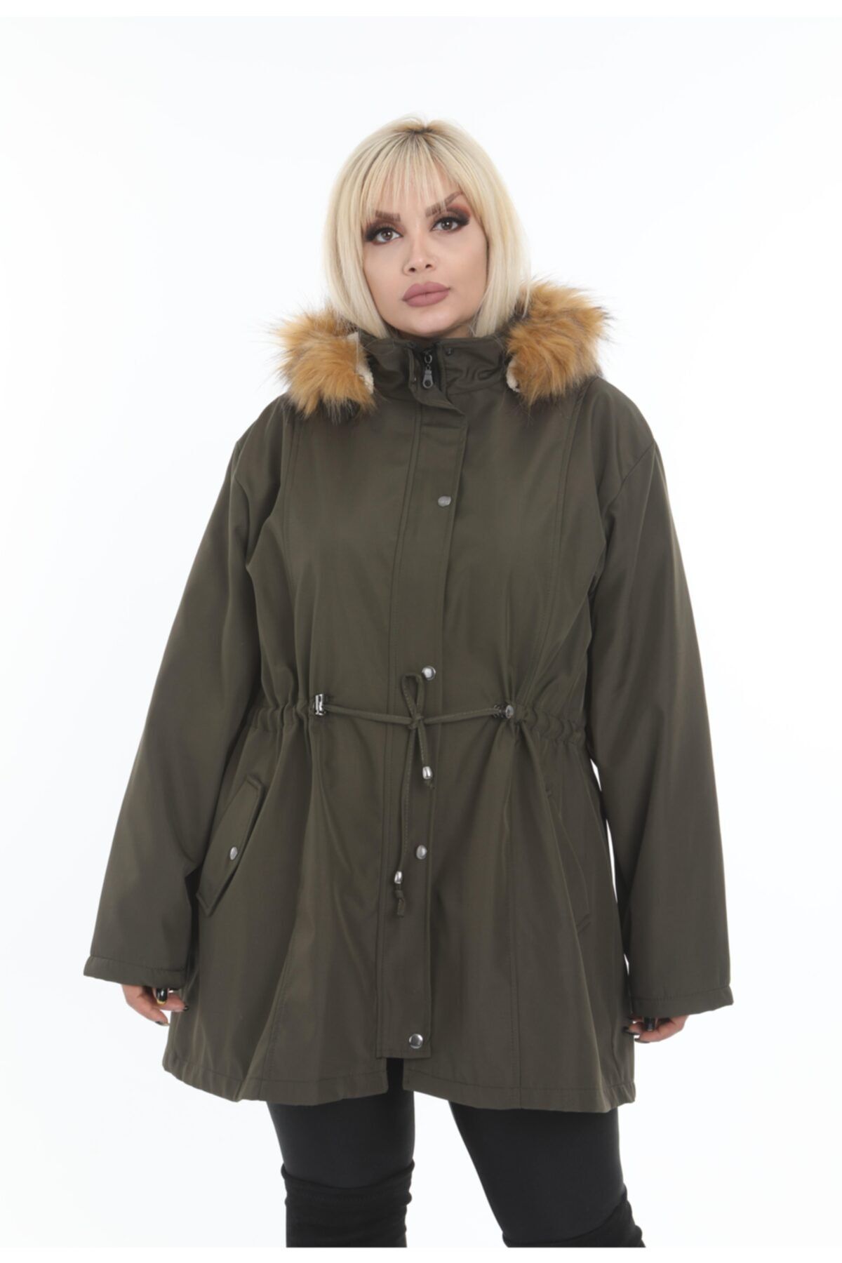 By Alba Collection Kadın Kısa Bondit Kumaş Içi Yün Kıvırcık Büyük Beden Mont Haki