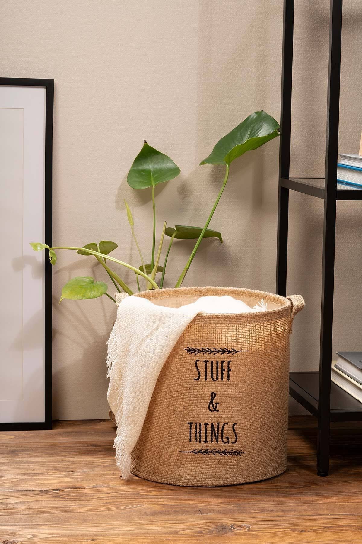 OCEAN HOME Baskılı Jüt Silindir Sepet //30x31