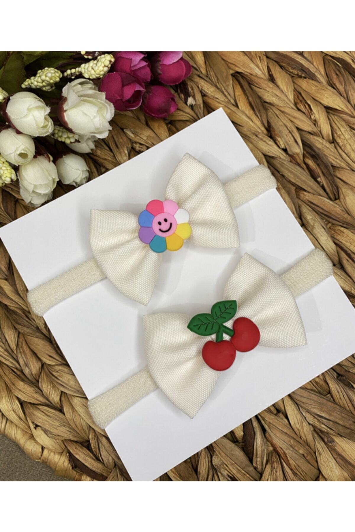 Baby Minnak Kız Bebek Çocuk 2’li Krem Fiyonk - Renkli Papatya Ve Kiraz Detaylı Toka Bandana Seti