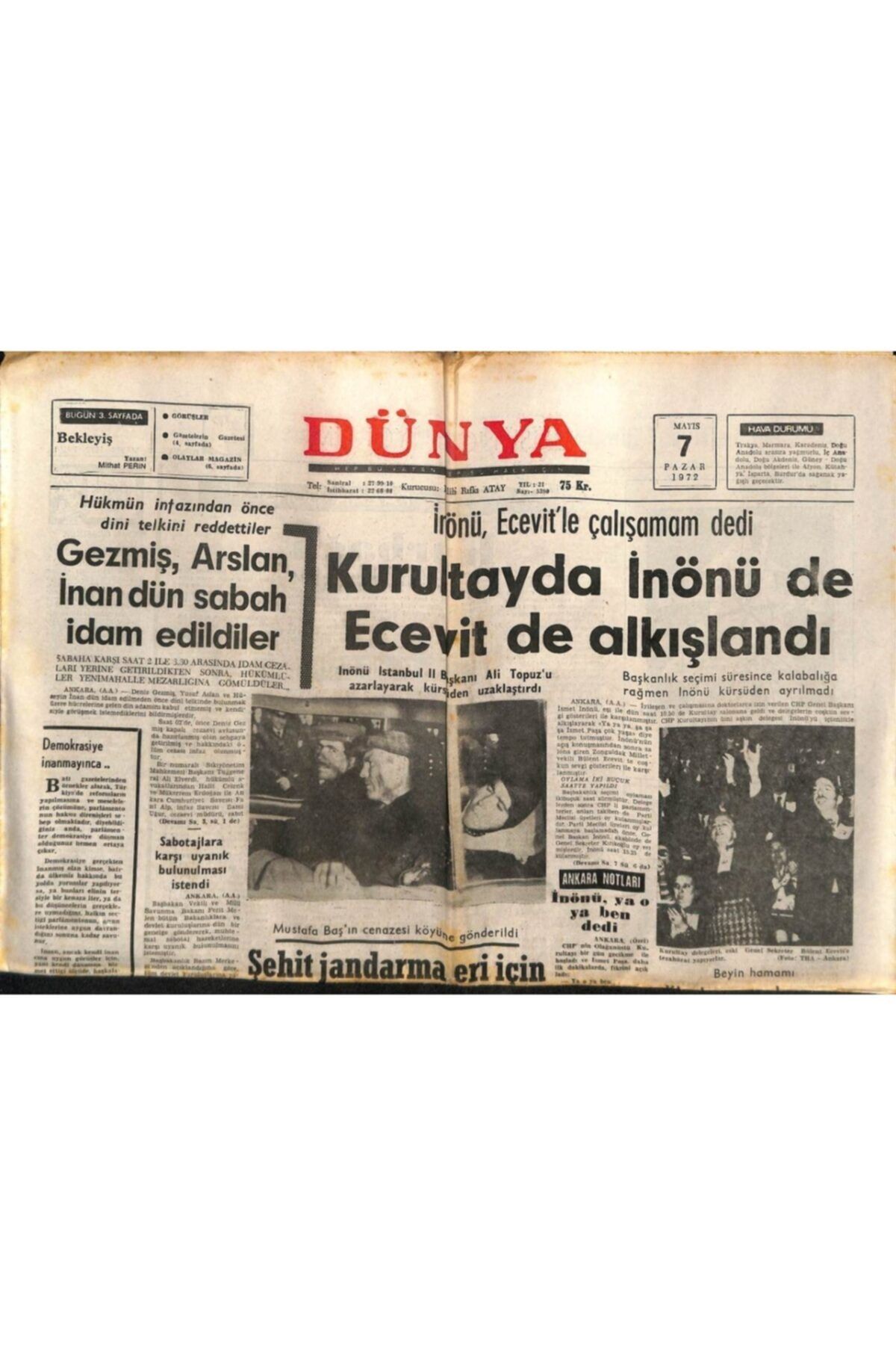 Gökçe Koleksiyon Dünya Gazetesi 7 Mayıs 1972 - Italyan Yolcu Uçağı Düştü Içinde Bulunan 115 Kişi Öldü Gz83619