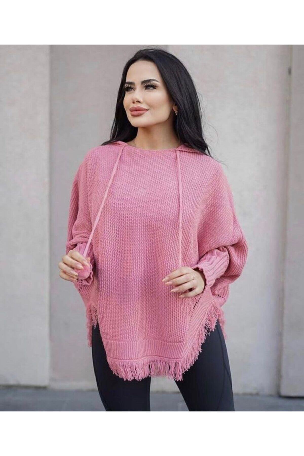 BRKMODA Püsküllü, Pon Pon Detaylı, Yumuşak Dokulu, Şapkalı, Şık Panço