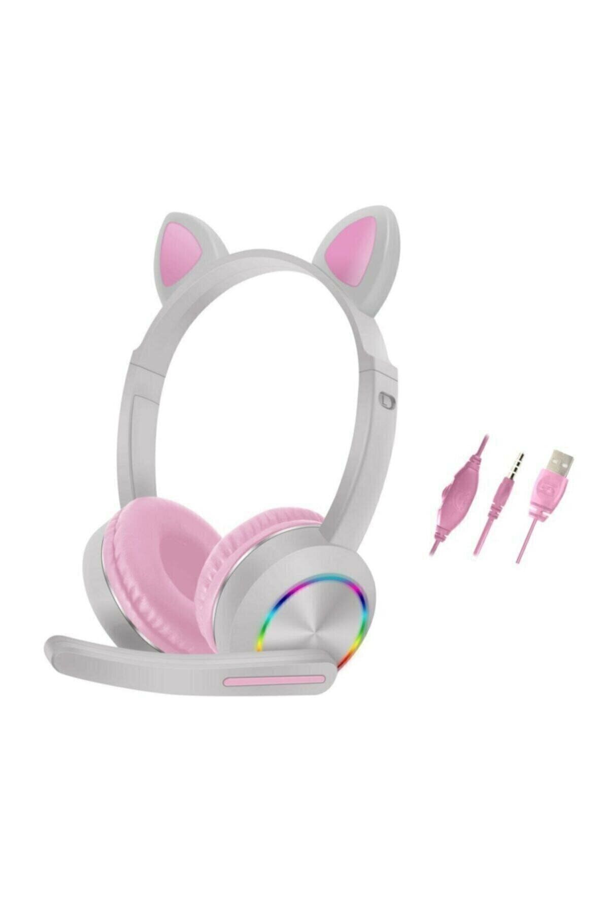 Sarftech Akz-020 Gri/pembe Kedi Rgb Led Işıklı Kulaklık Kablolu Mikrofonlu Kulaklık Çocuk Kulaklığı