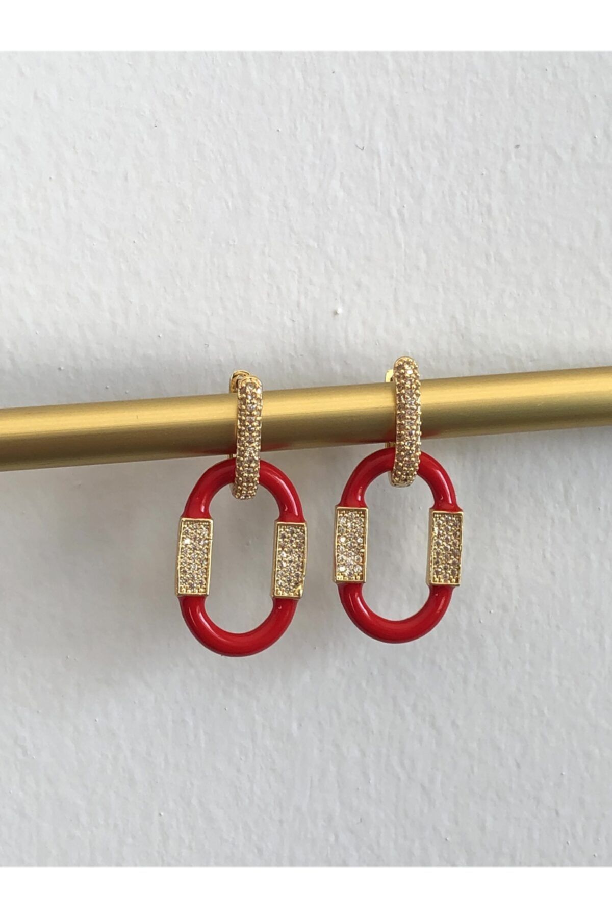 İdee Accessory Altın Kaplama Kırmızı Mineli Hoop Küpe