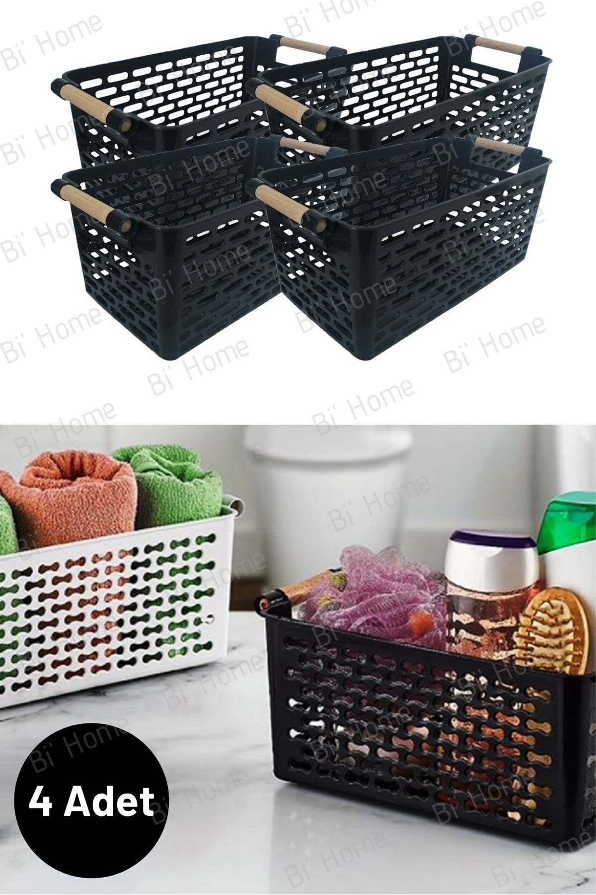 Bi' Home 4 Adet Ahşap Saplı Sepet Organizer Siyah