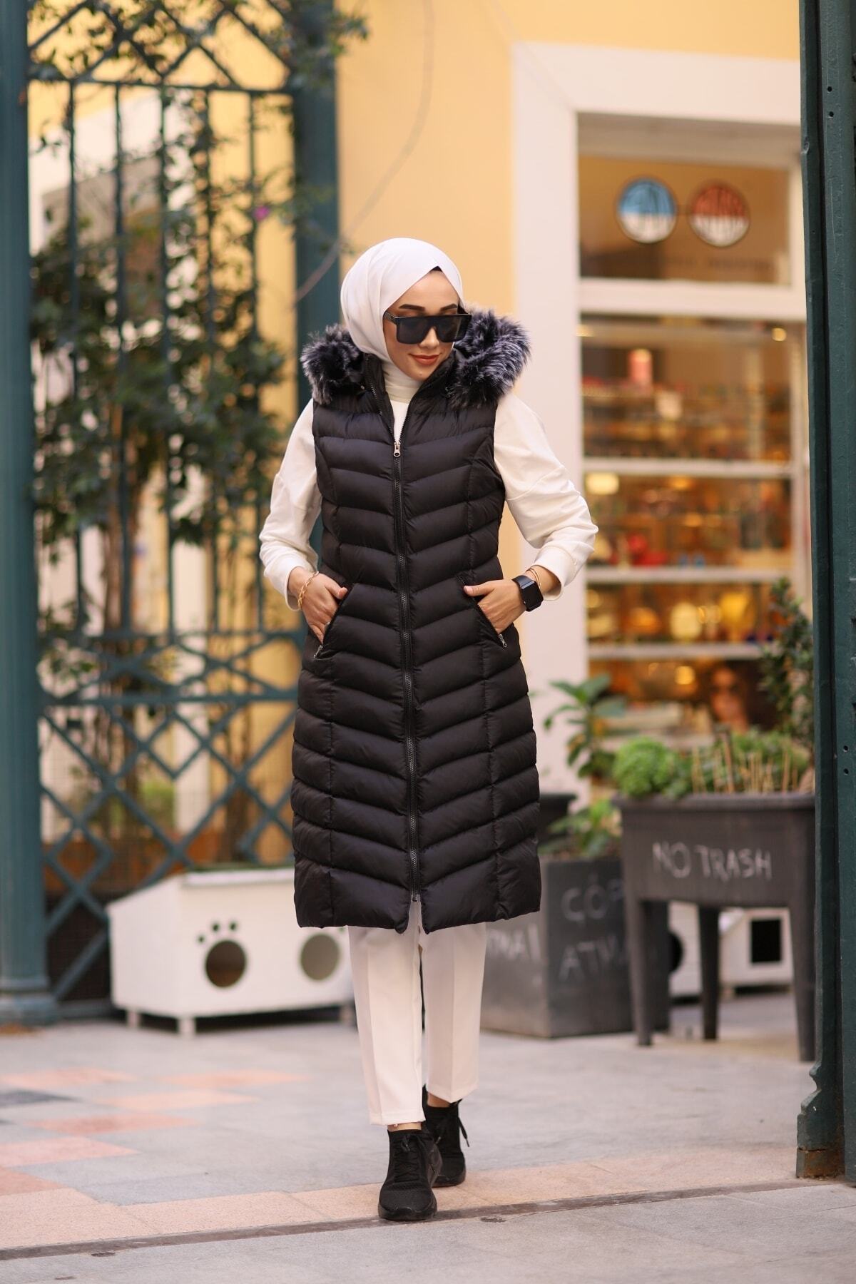 Moda İnci Kadın Siyah Verev Dikim Tam Dolgu Dizaltı Şişme Yelek