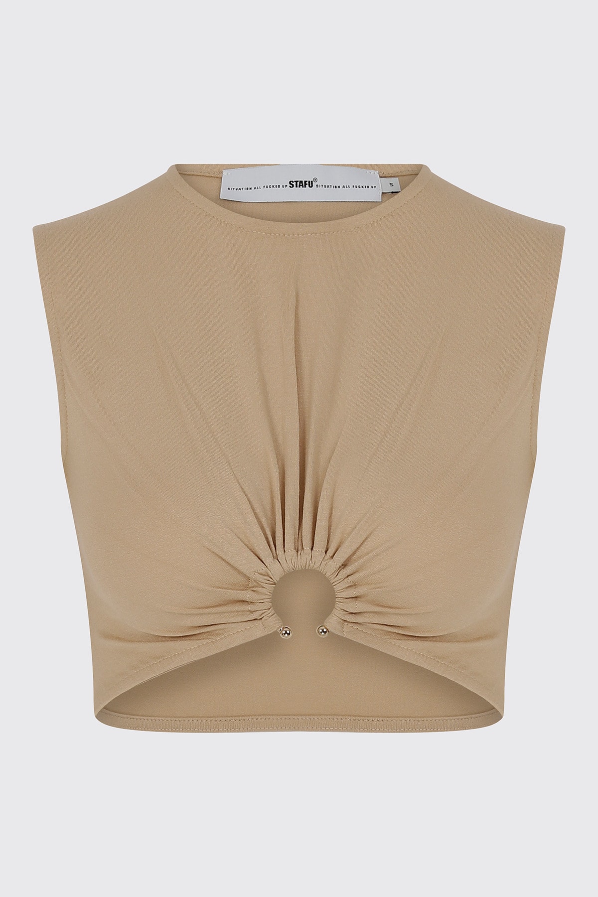 stafu Lady Önü Metal Tokalı Büzgülü Bej Crop Top