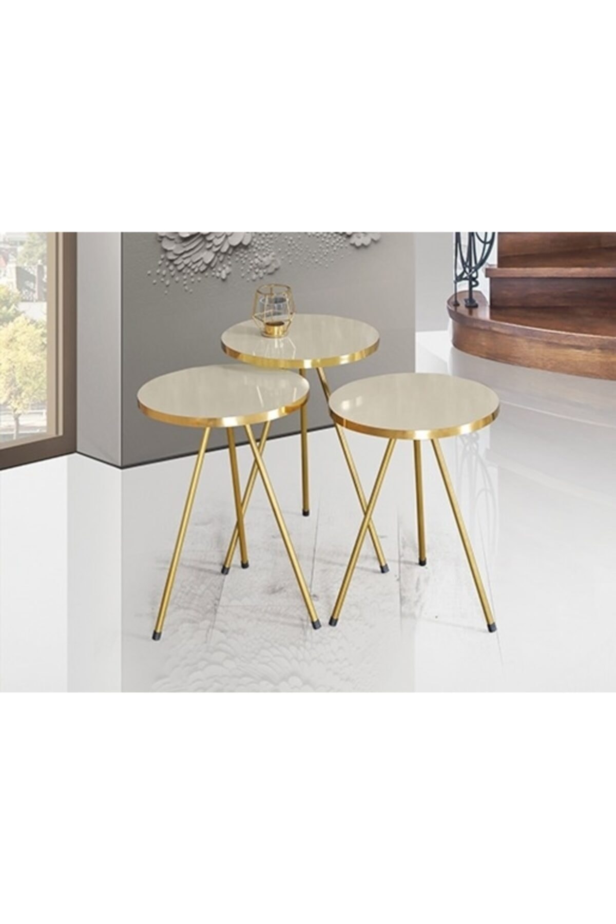 decorel 3'lü Zigon Sehpa Krem Gold