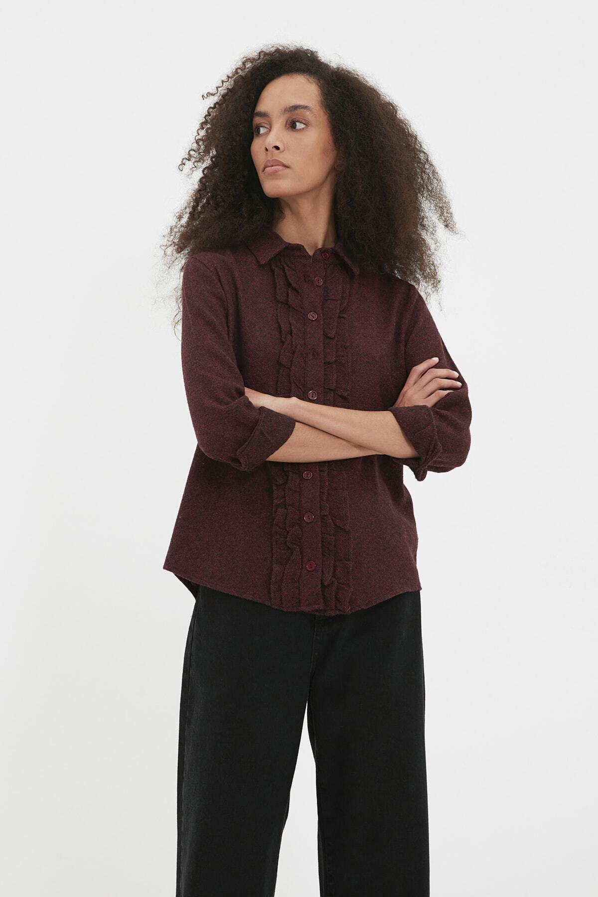 TRENDYOLMİLLA Bordo Fırfırlı Gömlek TWOAW22GO0675