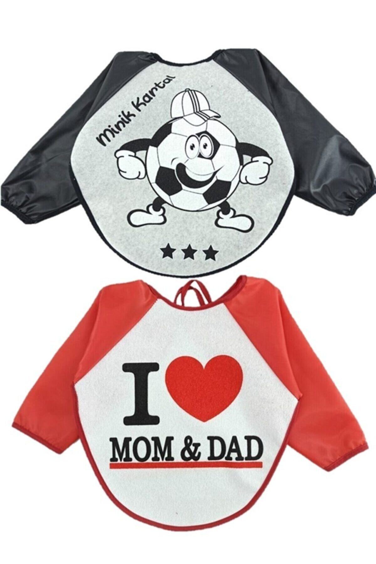 BuBeBeM Minik Kartal Ve I Mom Dad Desenli Kollu Mama Önlüğü