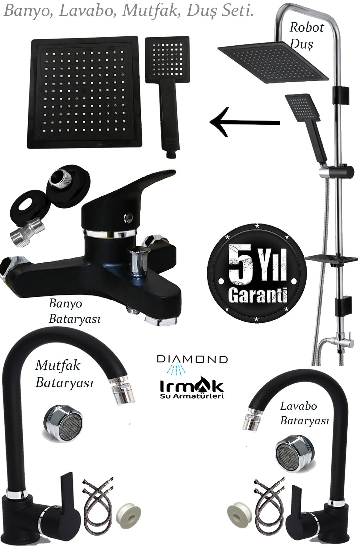 özbay ısı sanayii ö şekil Lavabo Banyo Mutfak Bataryası Ve Rainy Robot Duş Siyah Banyo Seti / Musluk / Armatür / Siyah