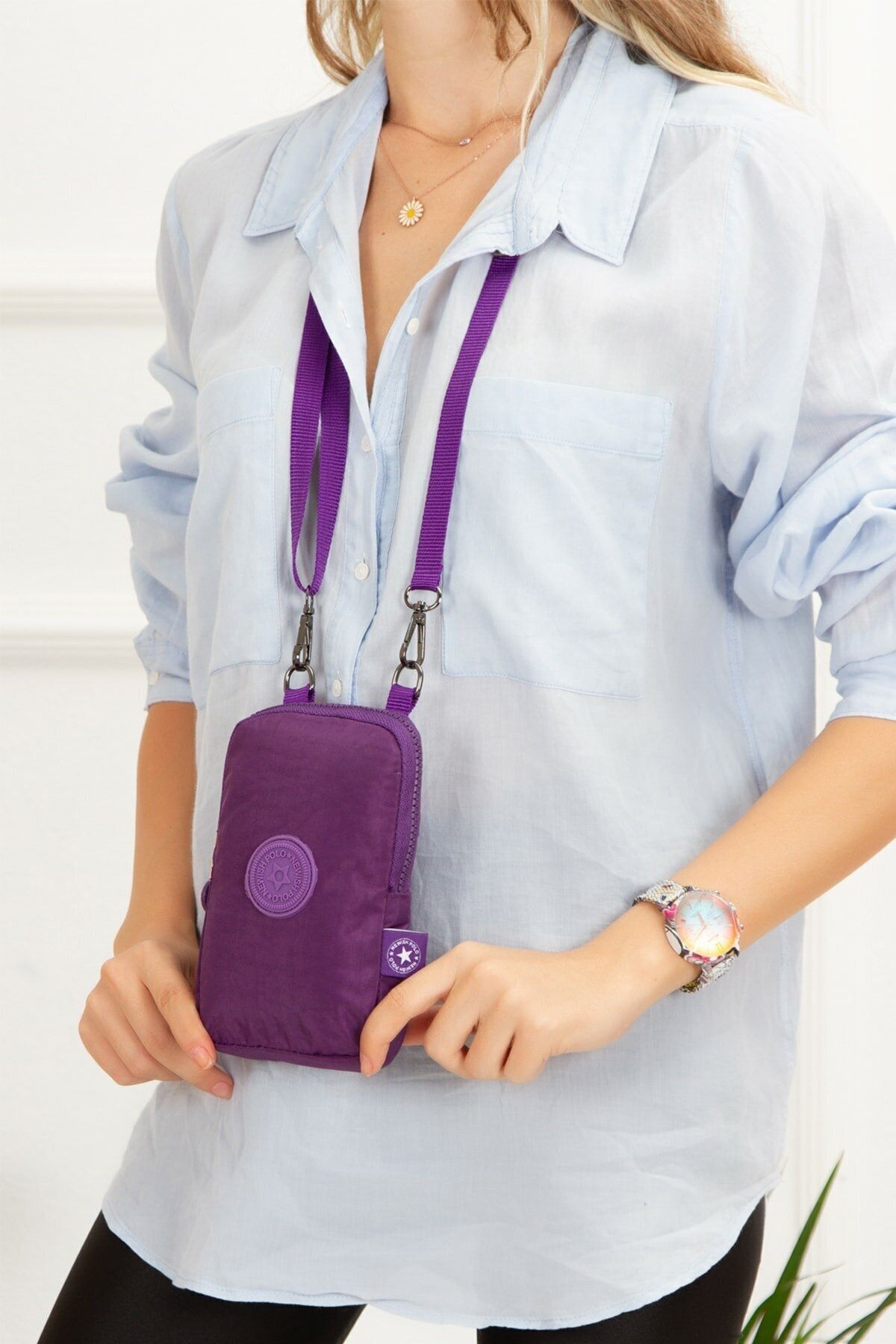 Newish Polo Yuppy Club Kadın Mor Su Geçirmez Krinkıl Mini Telefon Cüzdan Boyun Askılı Çapraz Çanta