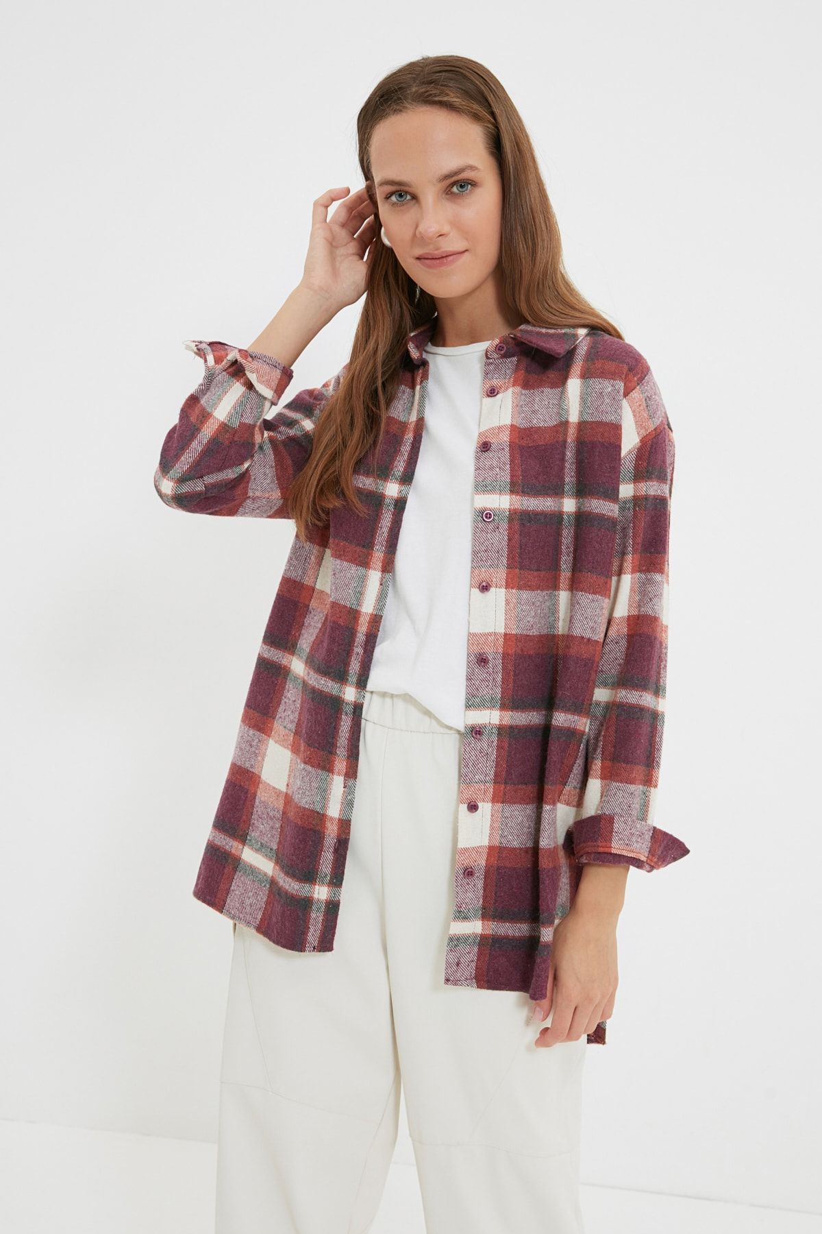 Trendyol Modest Mürdüm Oduncu Gömlek Yaka Ekoseli Tunik TCTAW22UK0220