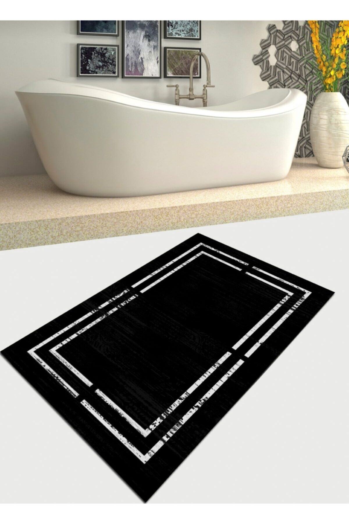Ardizayn Siyah Çerçeve Desenli 70x120cm Kaymaz, Dökülmez Deri Taban Banyo Paspası