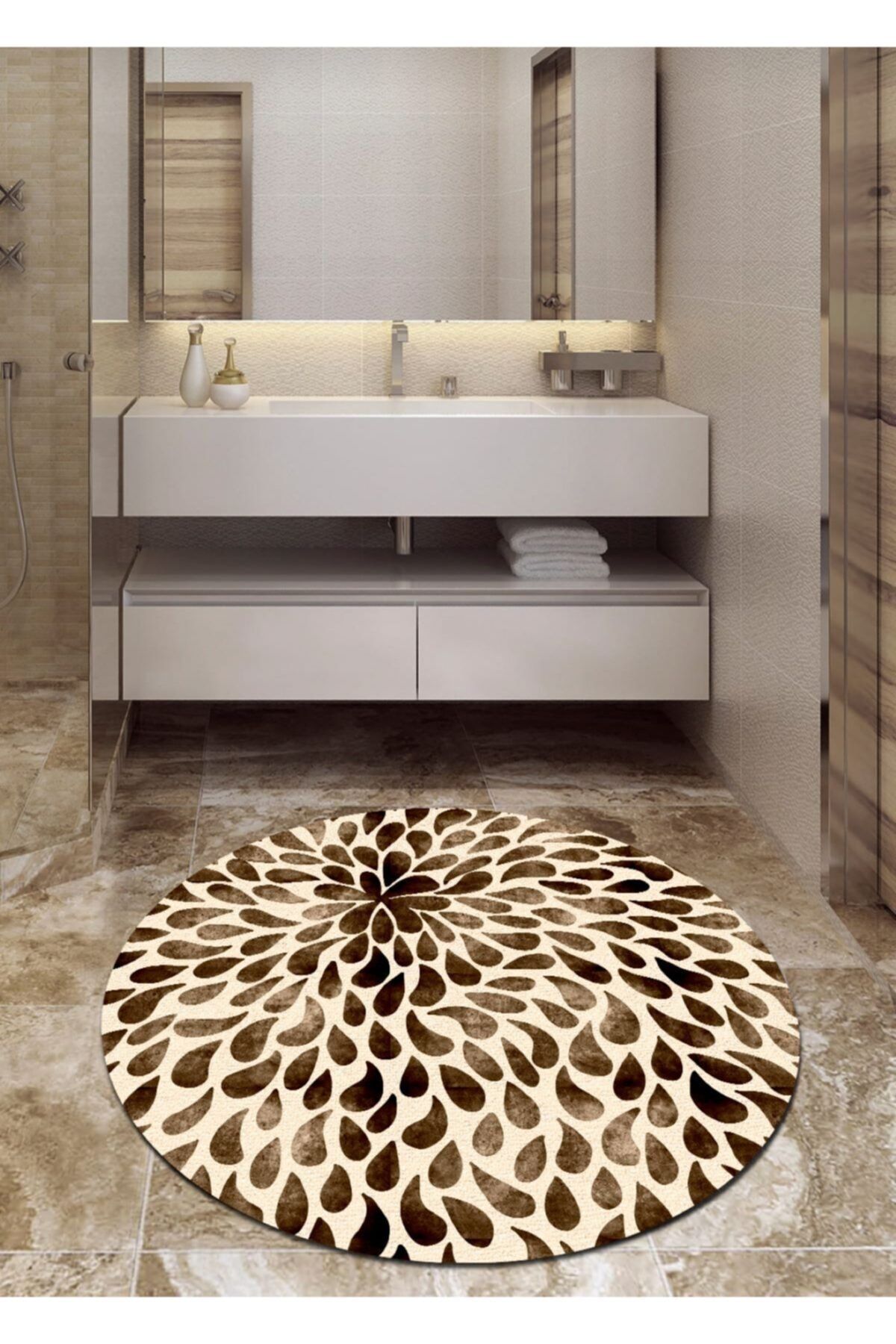 Ardizayn Leopar, Kahve 120x120 Cm Kaymaz, Dökülmez Deri Taban Yuvarlak Banyo Halısı
