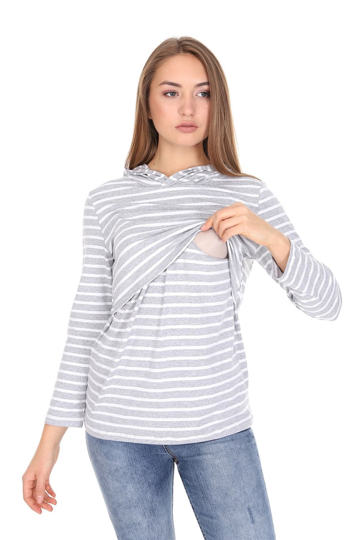 Luvmabelly Luvmabelly Myra3521 Gri Çizgili Kapüşonlulu Emzirme Sweatshirt