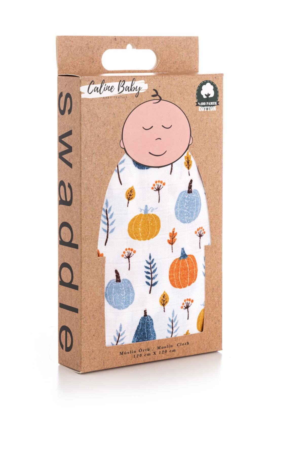 Caline Baby Müslin Bezi Örtü Bal Kabağı Desen - Mavi 120x120 Cm 4 Adet Ağız Mendili