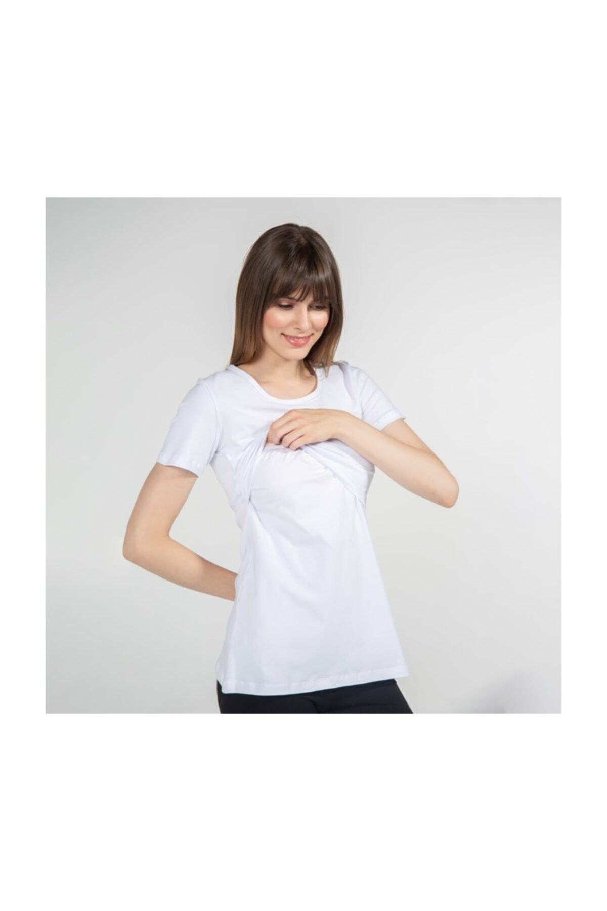FUNNA MAMMA Kadın Beyaz Bisiklet Yaka Emzirme T-Shirt