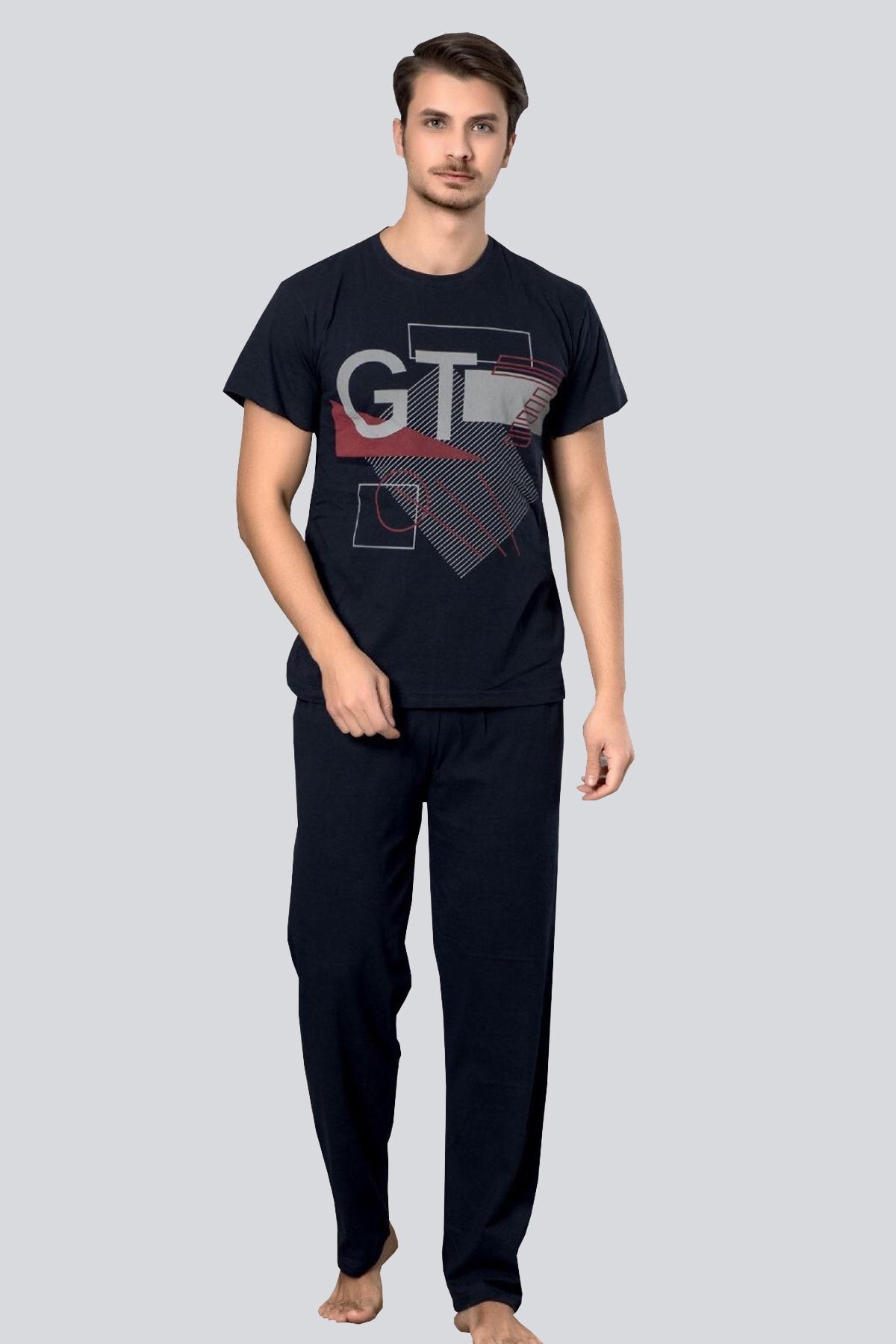 Glisa 100 Pamuk Ekonomik Yazlik Kisa Kollu Desenli Gri Erkek Pijama Esofman Takimi Trendyol