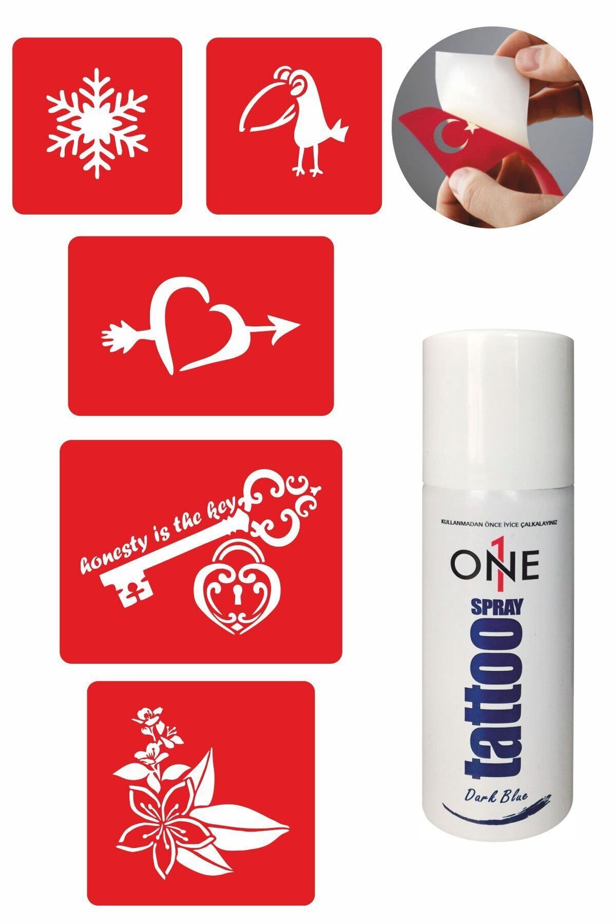ONE SPRAY TATTOO Kalp Kar Tanesi Dövmesi Dark Tattoo Sprey Ve 5 Adet Geçici Dövme Deseni Seti