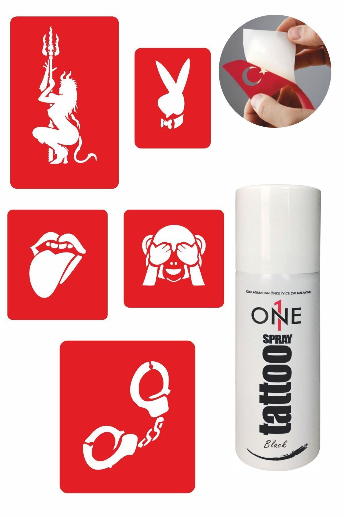 ONE SPRAY TATTOO Fantezi Modelleri Siyah Sprey Ve 5 Adet Geçici Dövme Deseni Seti Tattoo