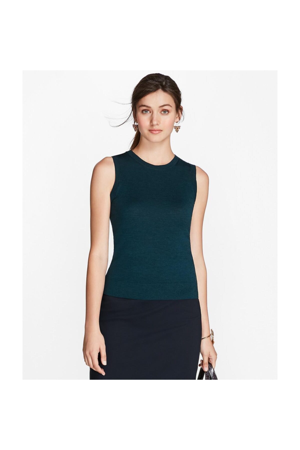 BROOKS BROTHERS Kadın Yeşil Saxxon Kolsuz Triko Kazak