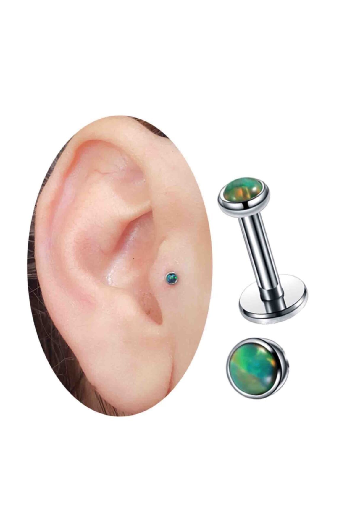 Cadının Dükkanı Sedef Yeşil 3 mm Opal Taşlı Tragus-helix-dudak-kıkırdak Piercing