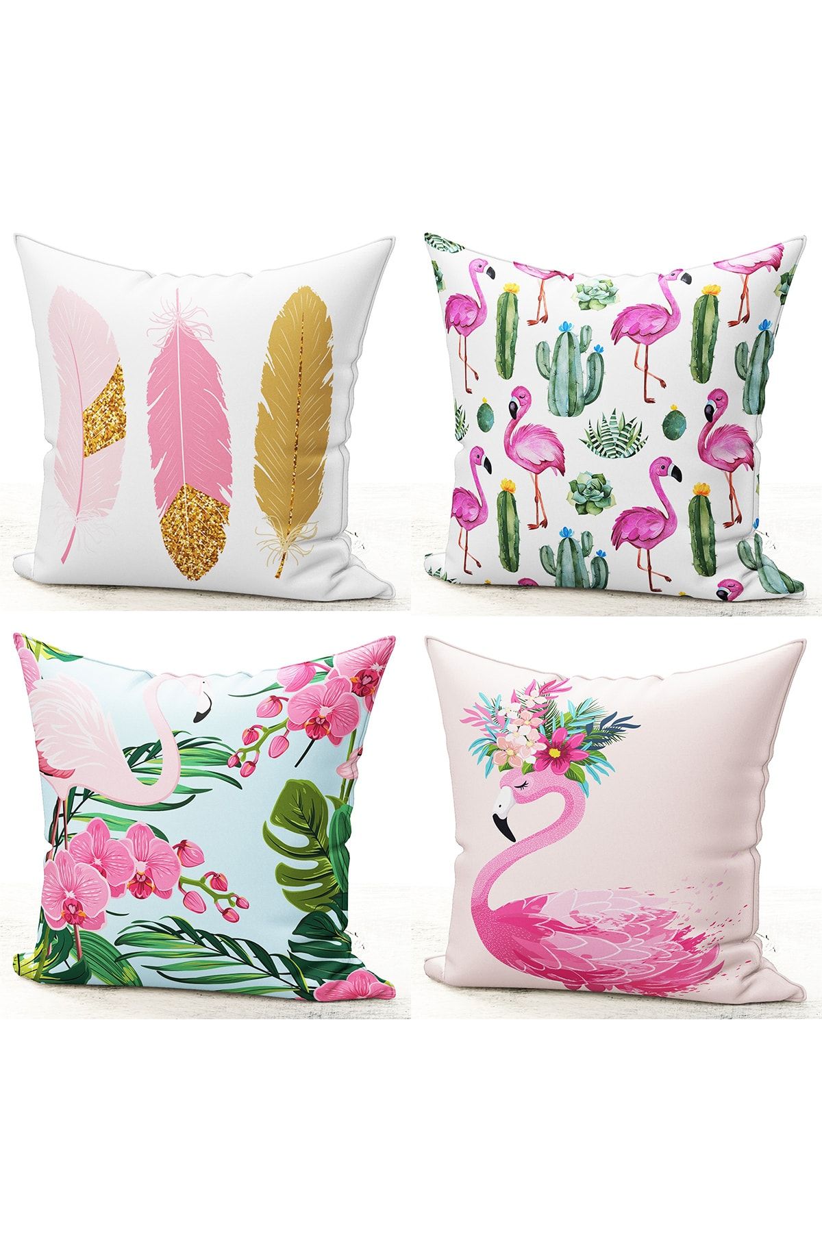 Bk Home Dekor Pembe Flamingo Tüy Kombin 4'lü Kırlent Kılıf Set 53