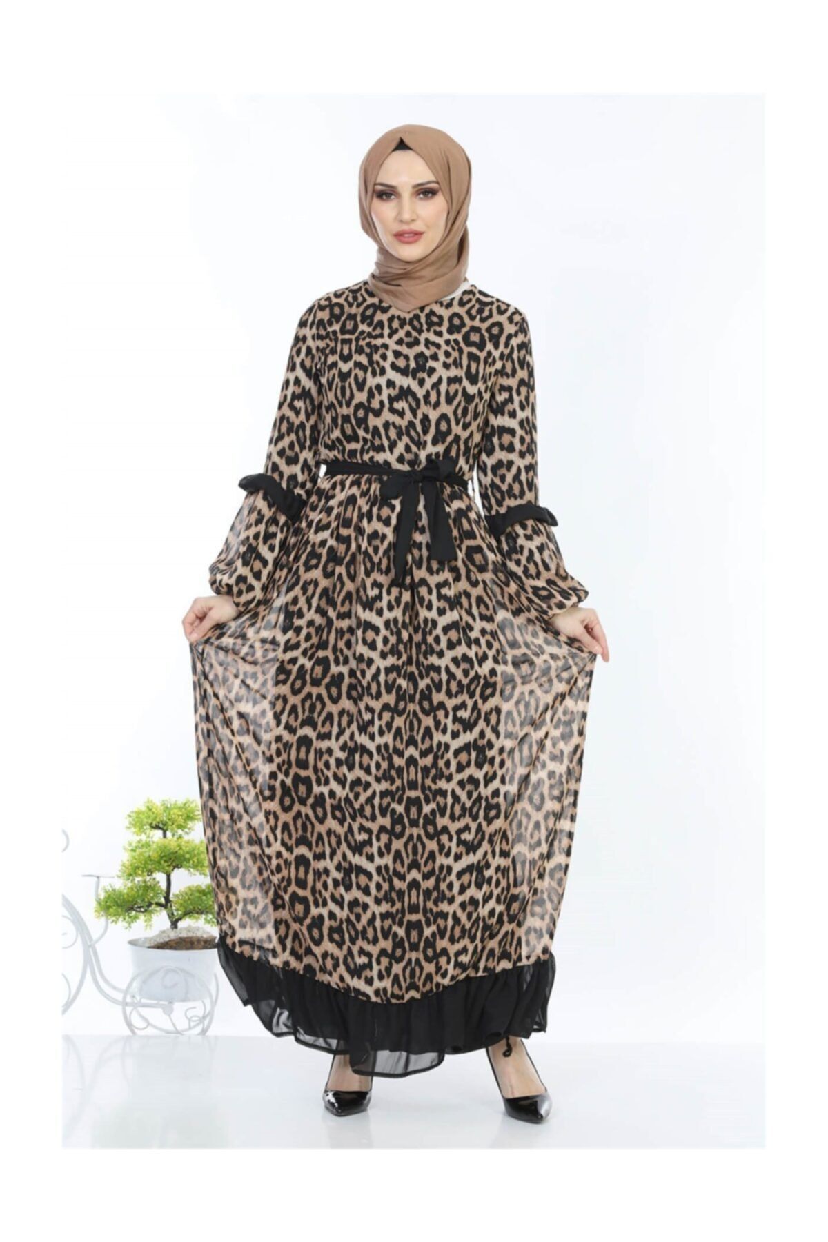 MODA STORE Fırfırlı Şifon Elbise 5616 Leopar