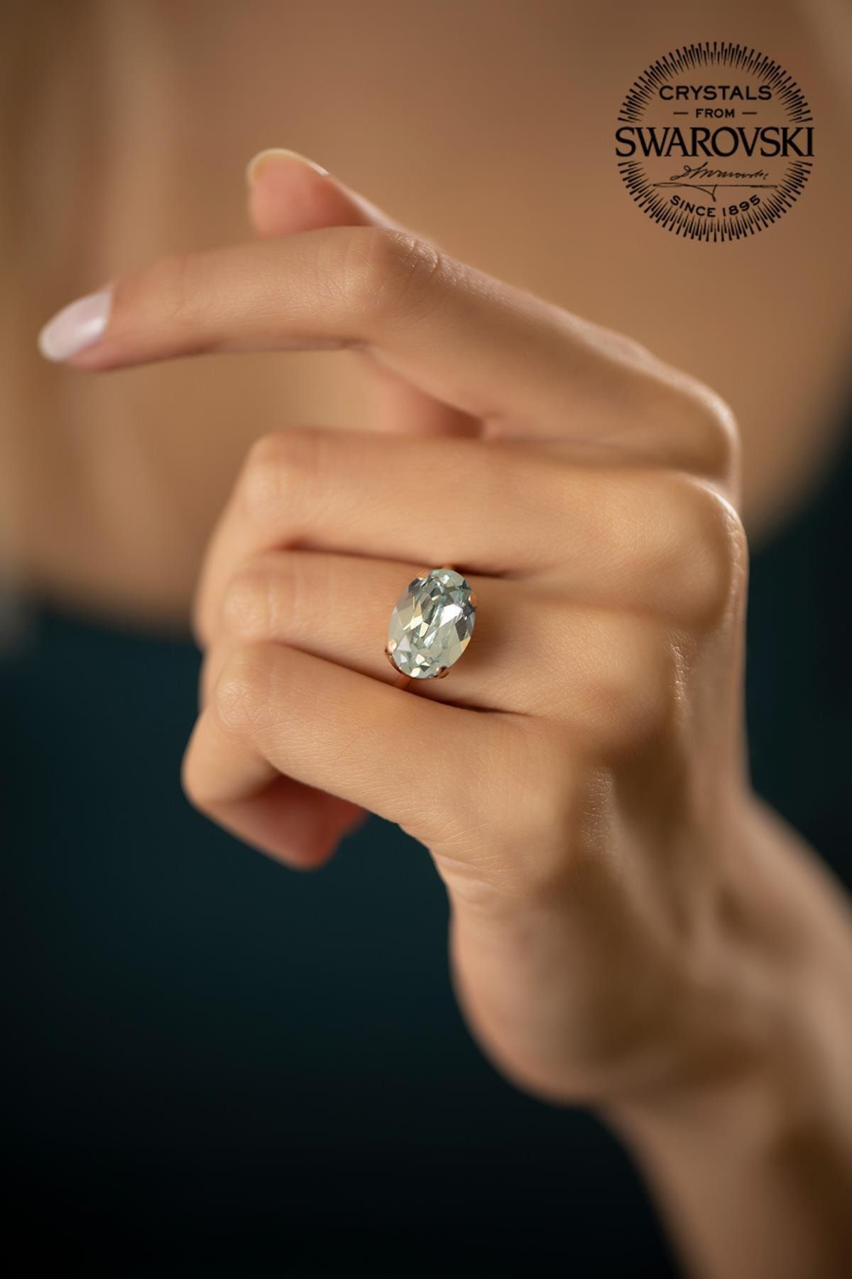 Ninova Silver Kadın Swarovski Taşlı Oval Model Rose Kaplama Gümüş Yüzük PKT-SBS0838