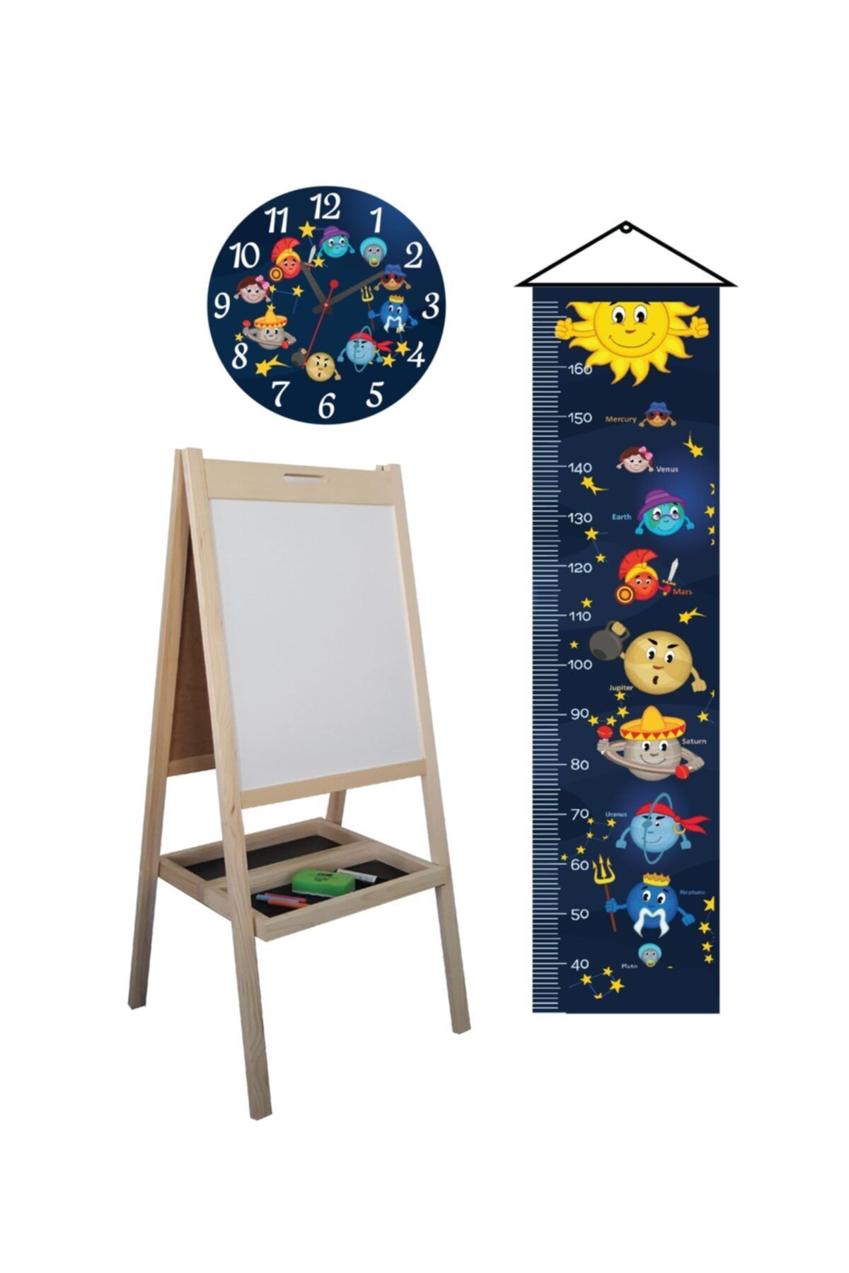 Makeart Baby Ahşap Yazı Tahtası + Duvar Saati + Boy Ölçer + Kalem +silgi