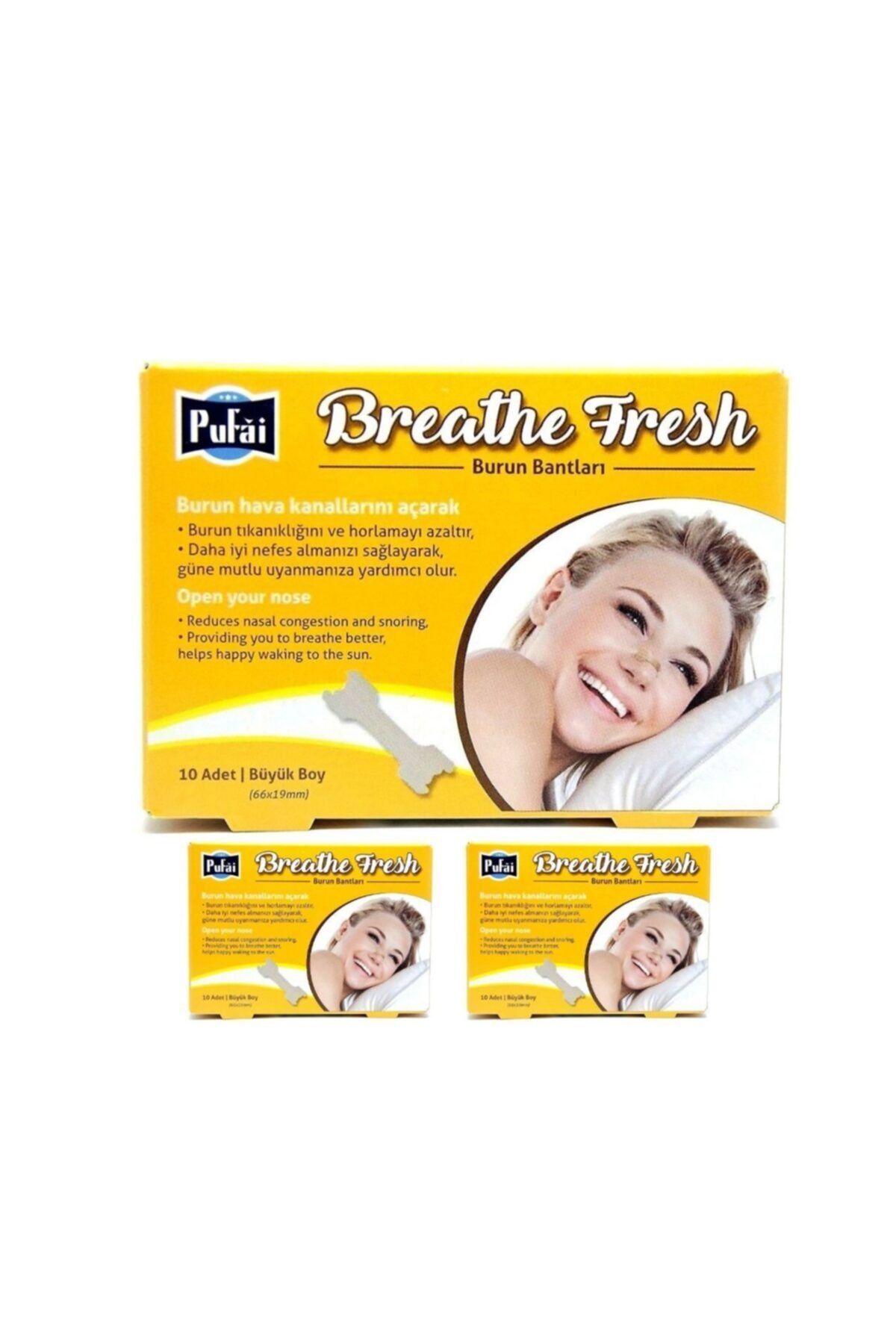 Pufai Breathe Fresh Burun Bandı Horlama Azaltır Large Boy 66 mm 19 mm 30 Adet 3 Kutu