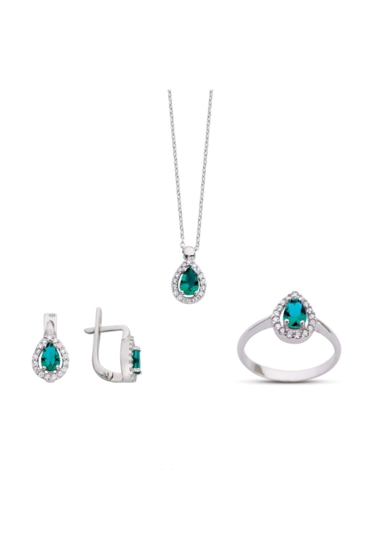 Kuyumcudukkani Oval Kesim Zümrüt Yeşili Renk Orta Taşlı Beyaz Altın Mini Set