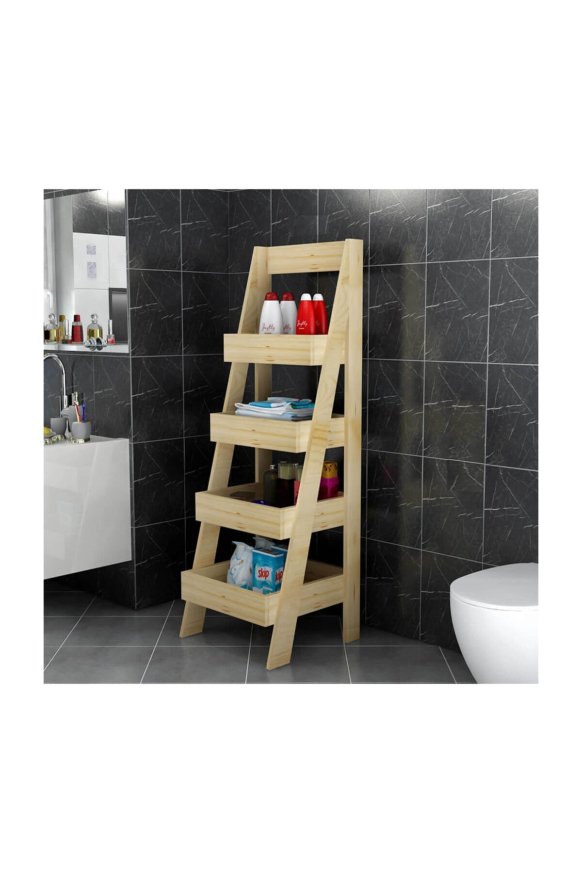 Drama Dizayn Mobilya Trio Ahşap Banyo Rafı