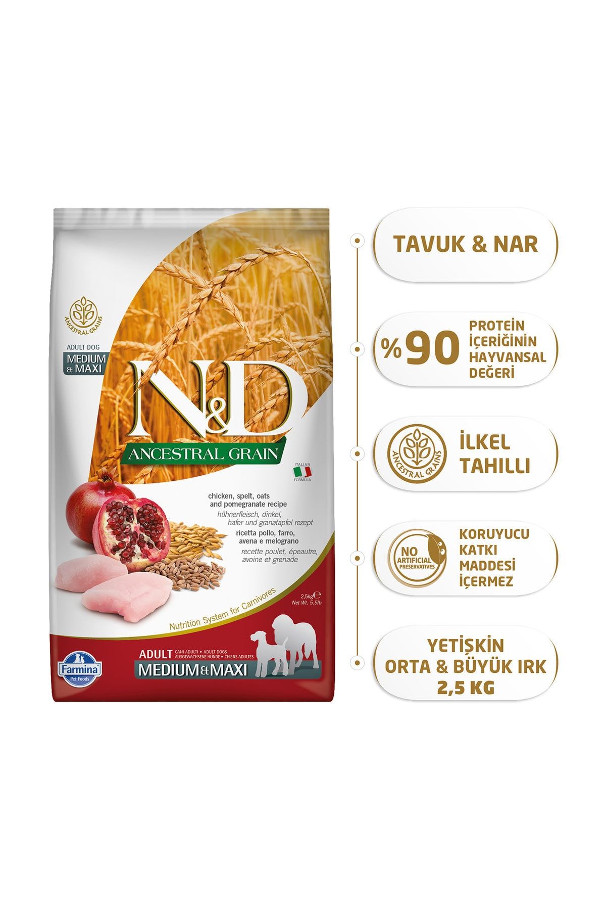 N&D Düşük Tahıllı Tavuklu Narlı Orta Irk Yetişkin Köpek Maması 2,5 Kg