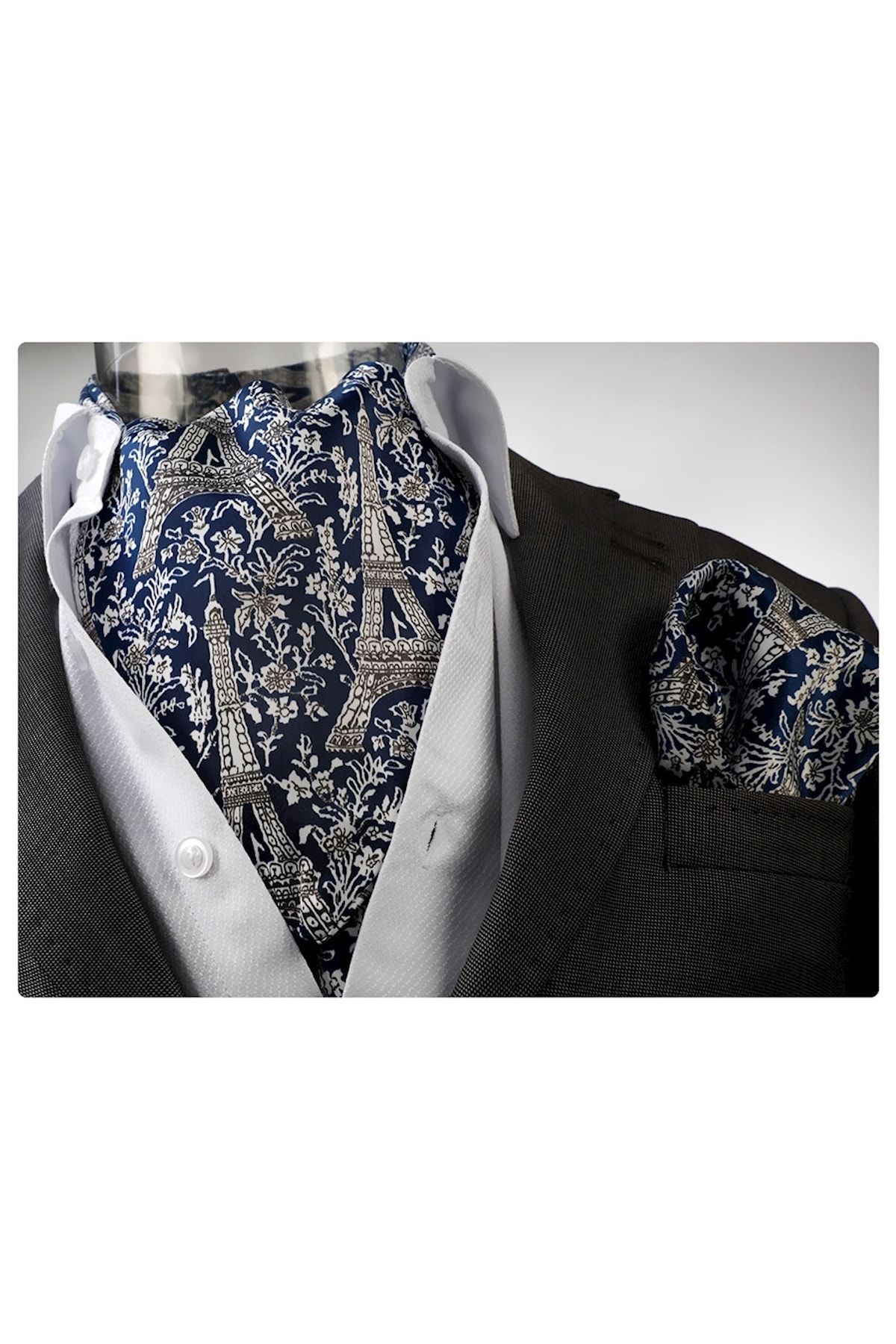 Exve Exclusive Lacivert Paris Çiçekli Fular Mendil Seti^|en_us:navy Paris Cravat Set