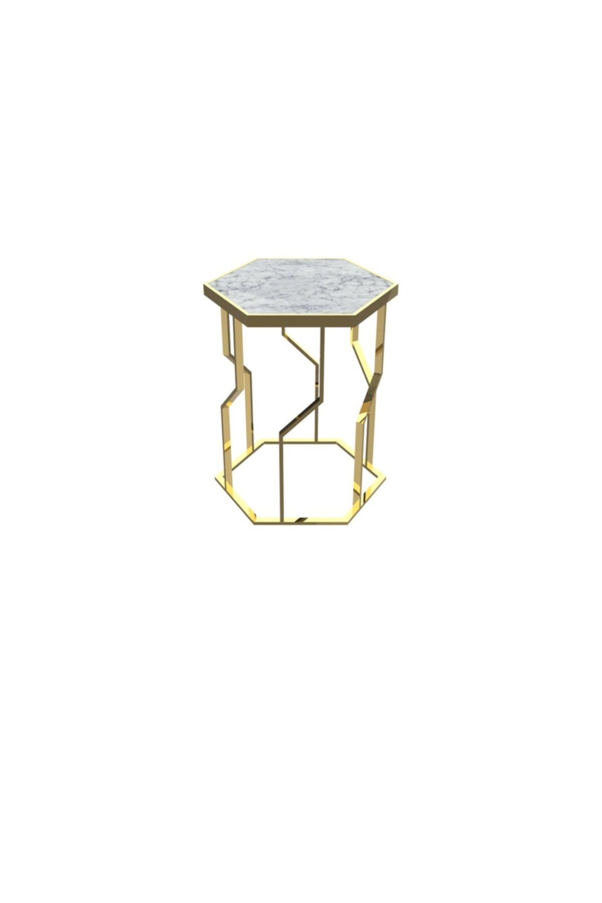 MAKSA Marilena Carrara White Parlak Paslanmaz Titanyum Gold Yan Sehpa