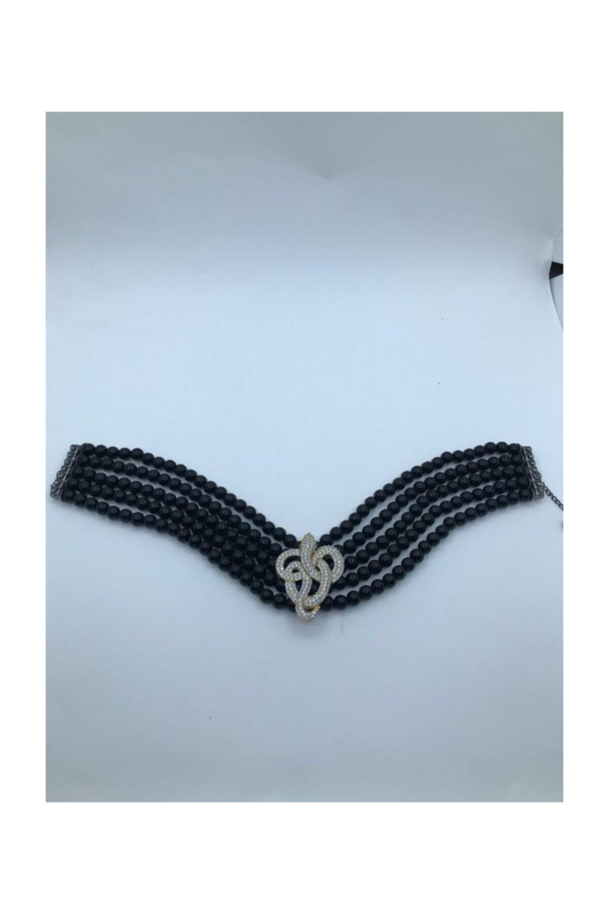 aetakıtasarımjewaly Cam Siyah Inci Zirkon Taşlı Choker-kolye