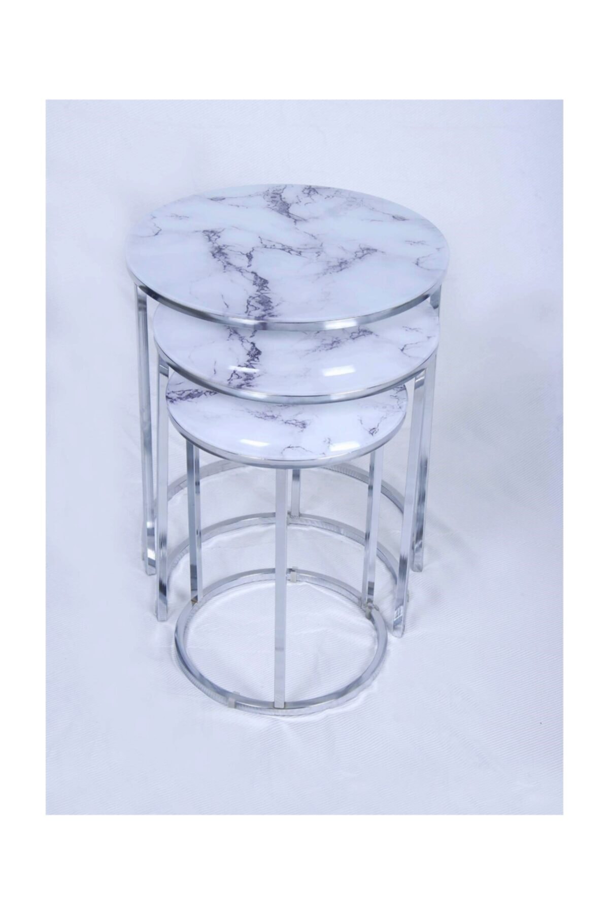 Masal Zigon Sehpa 3'lü Yuvarlak - Metal Ayak Mermer Desenli Cam Sehpa