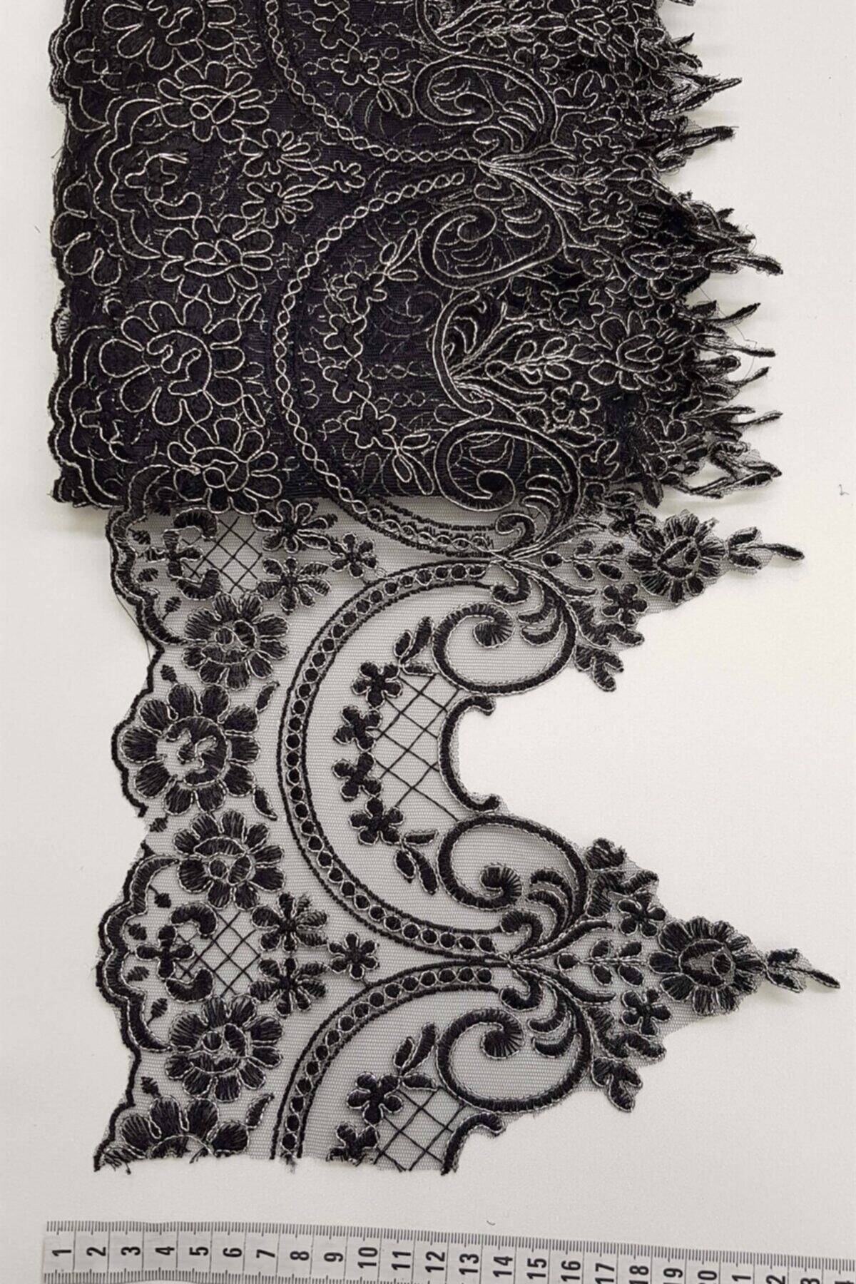 Hayalperest boncuk Siyah Gümüş Simli Fransız Güpür Geniş Dantel