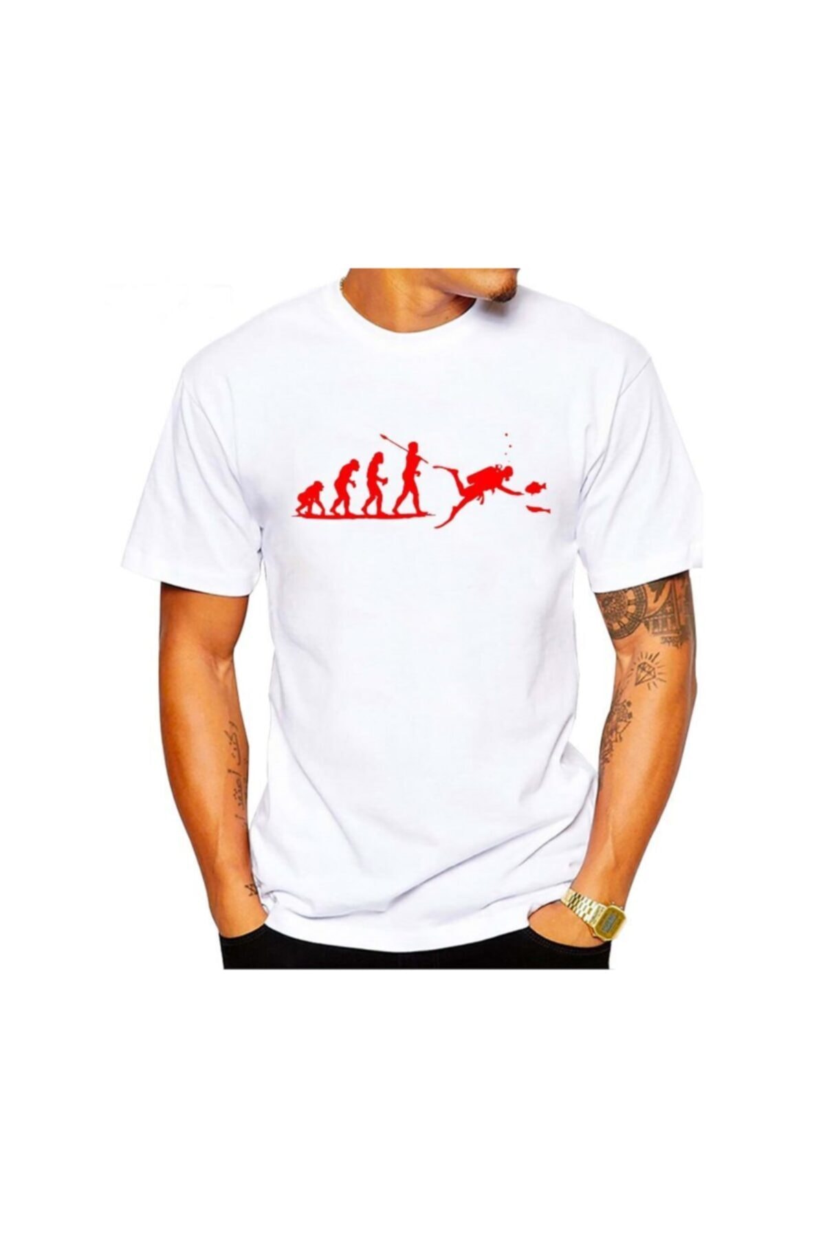 SCUBAPROMO Erkek Beyaz Dalıcı Evrimi Tişört