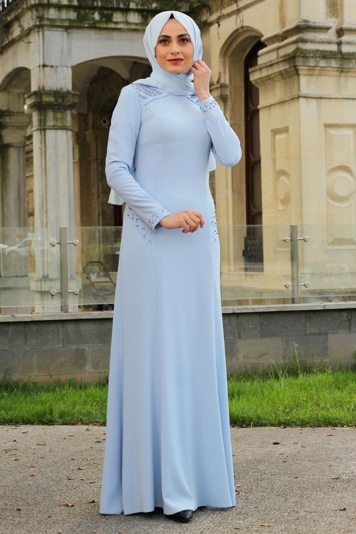Feiza Collection Inci Detaylı Bebe Mavisi Tesettür Abiye Elbise