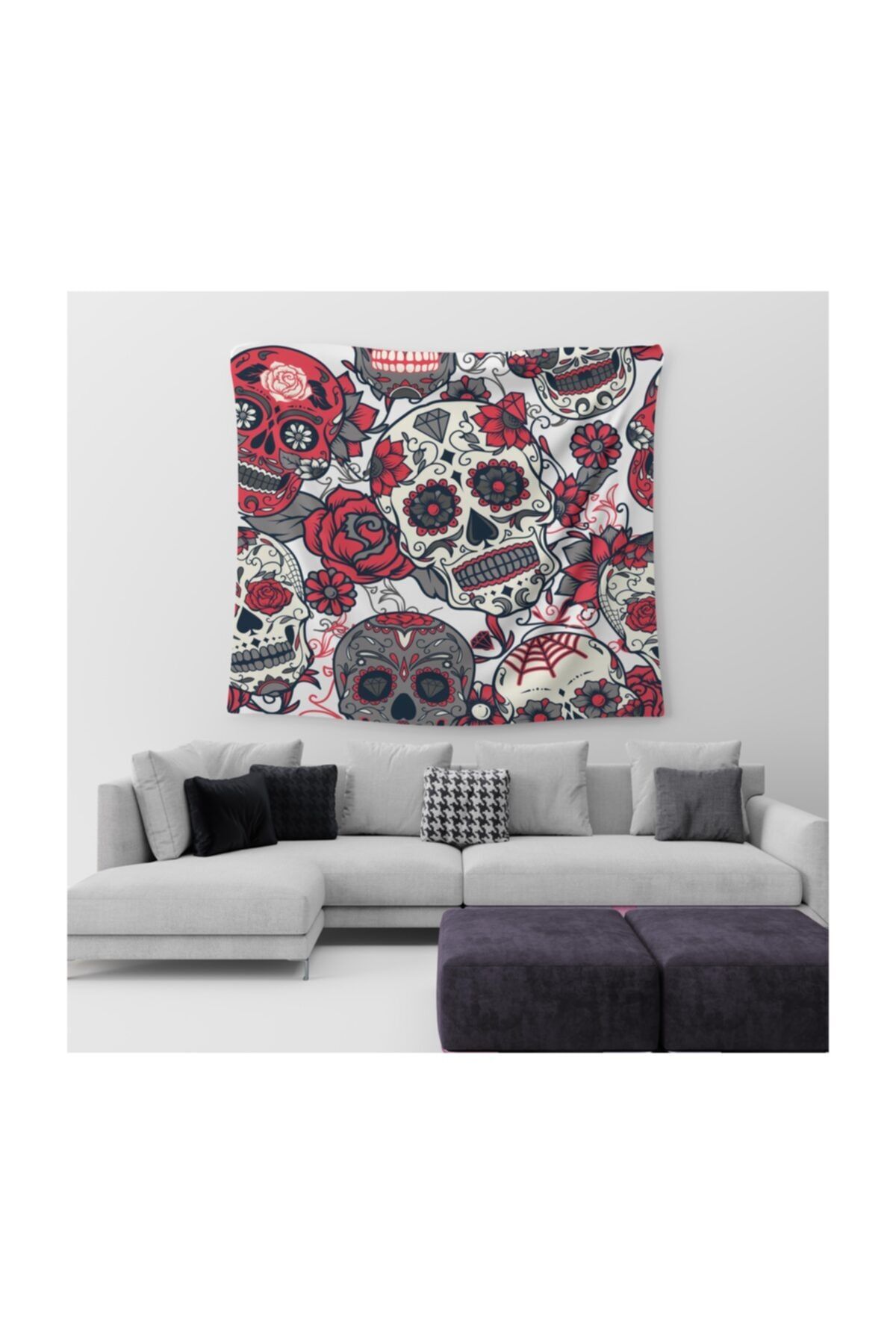 BuanArt Duvar Örtüsü 130x150 Cm - Skull Kuru Kafa Gül