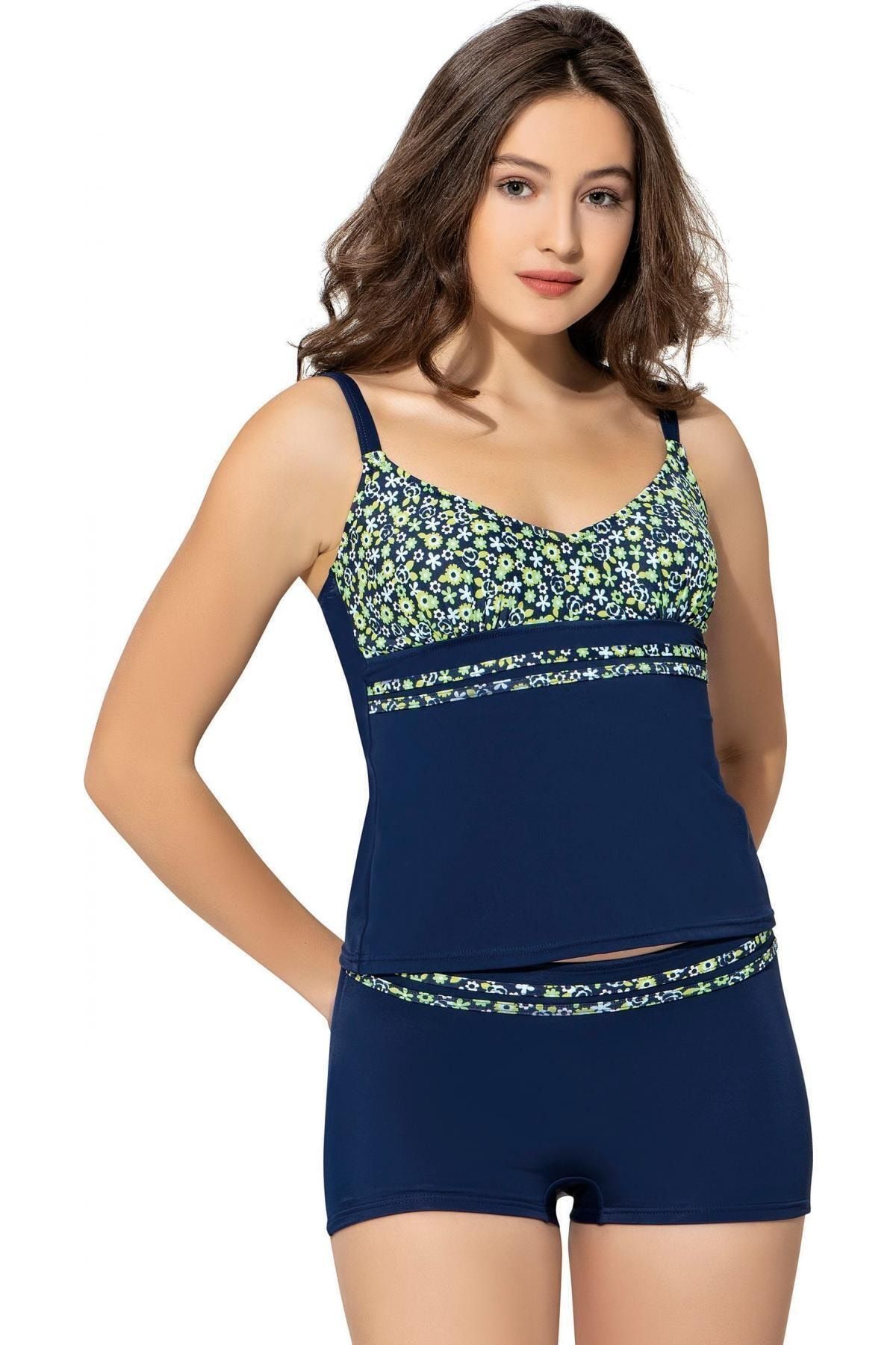 Argisa Desenli Şeritli Şortlu Tankini 5054 Desenli Yeşil Büyük Beden
