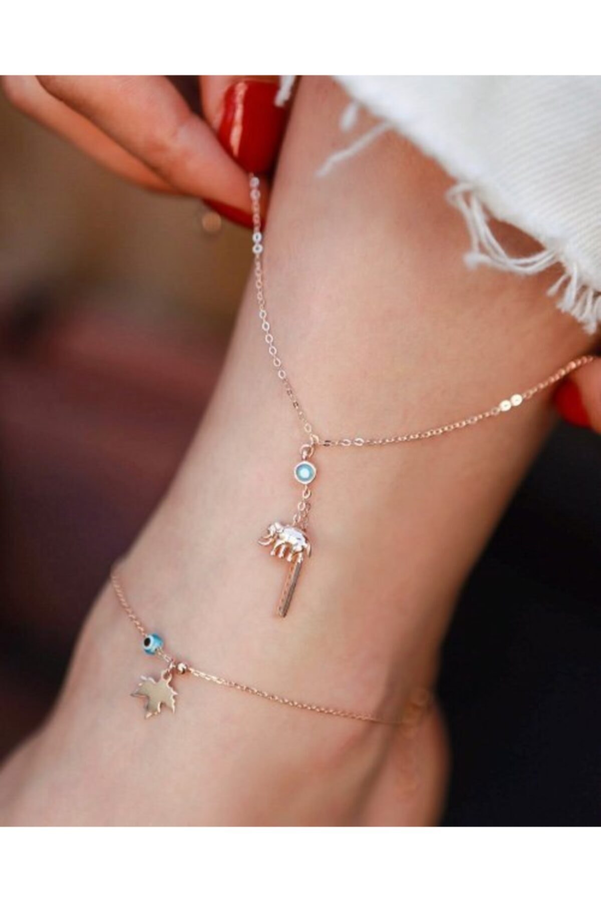 Özbilen Kuyumculuk Kadın Pembe Fil Figürlü Çubuklu Ve Mavi Boncuklu Halhal