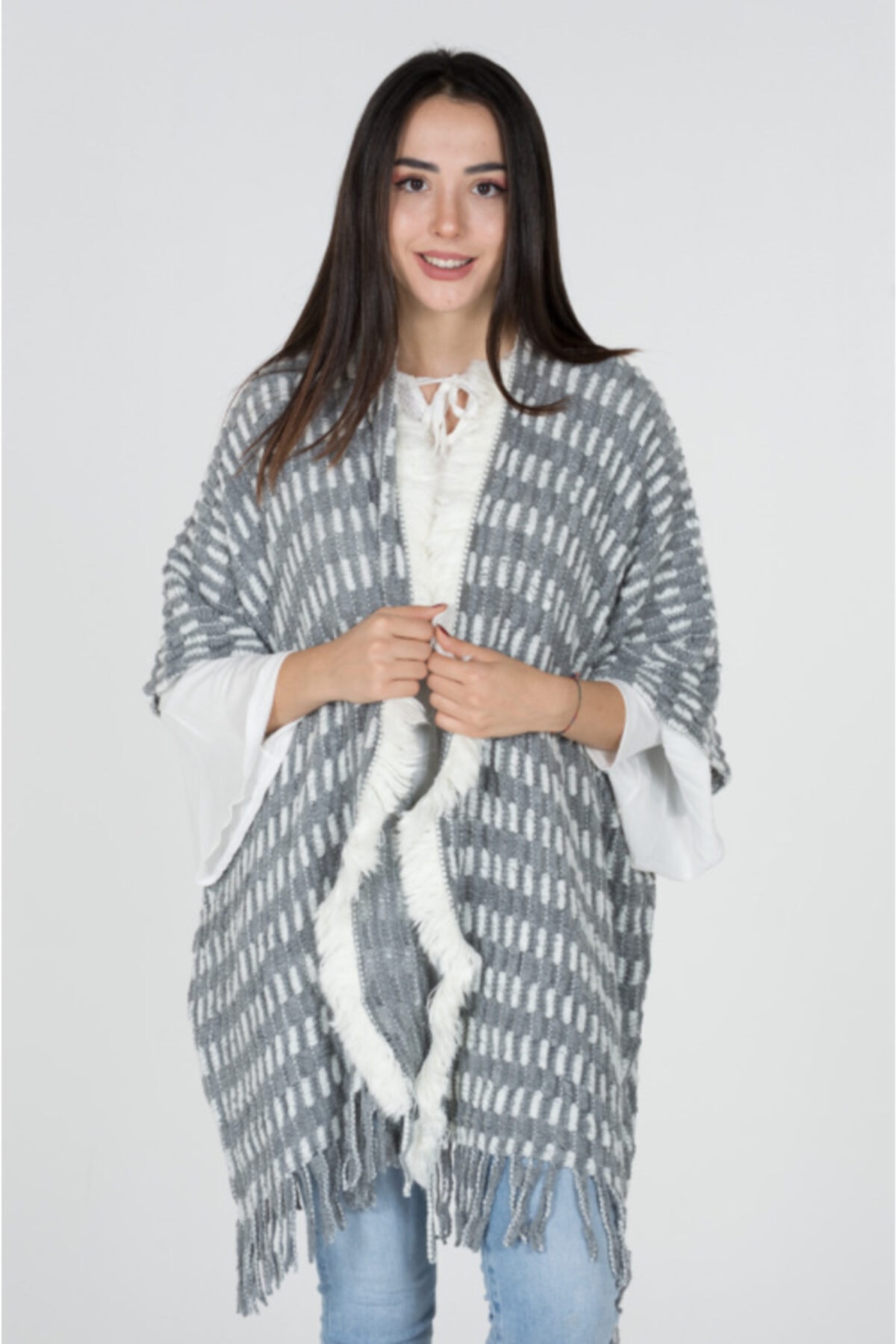 Arven Kadın Gri Kollu Triko Panço