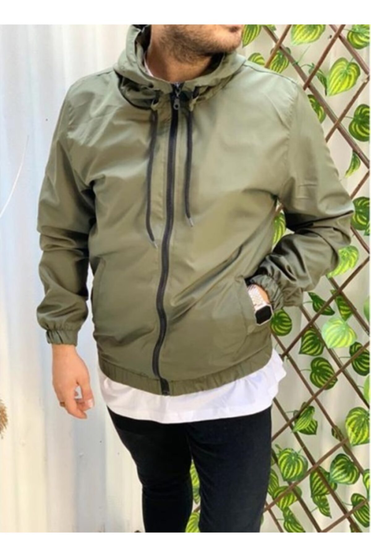 MARKA KRALI Erkek Haki Kapşonlu Mevsimlik Rüzgarlık Fermuarlı Hırka Sweetshirt Yağmurluk