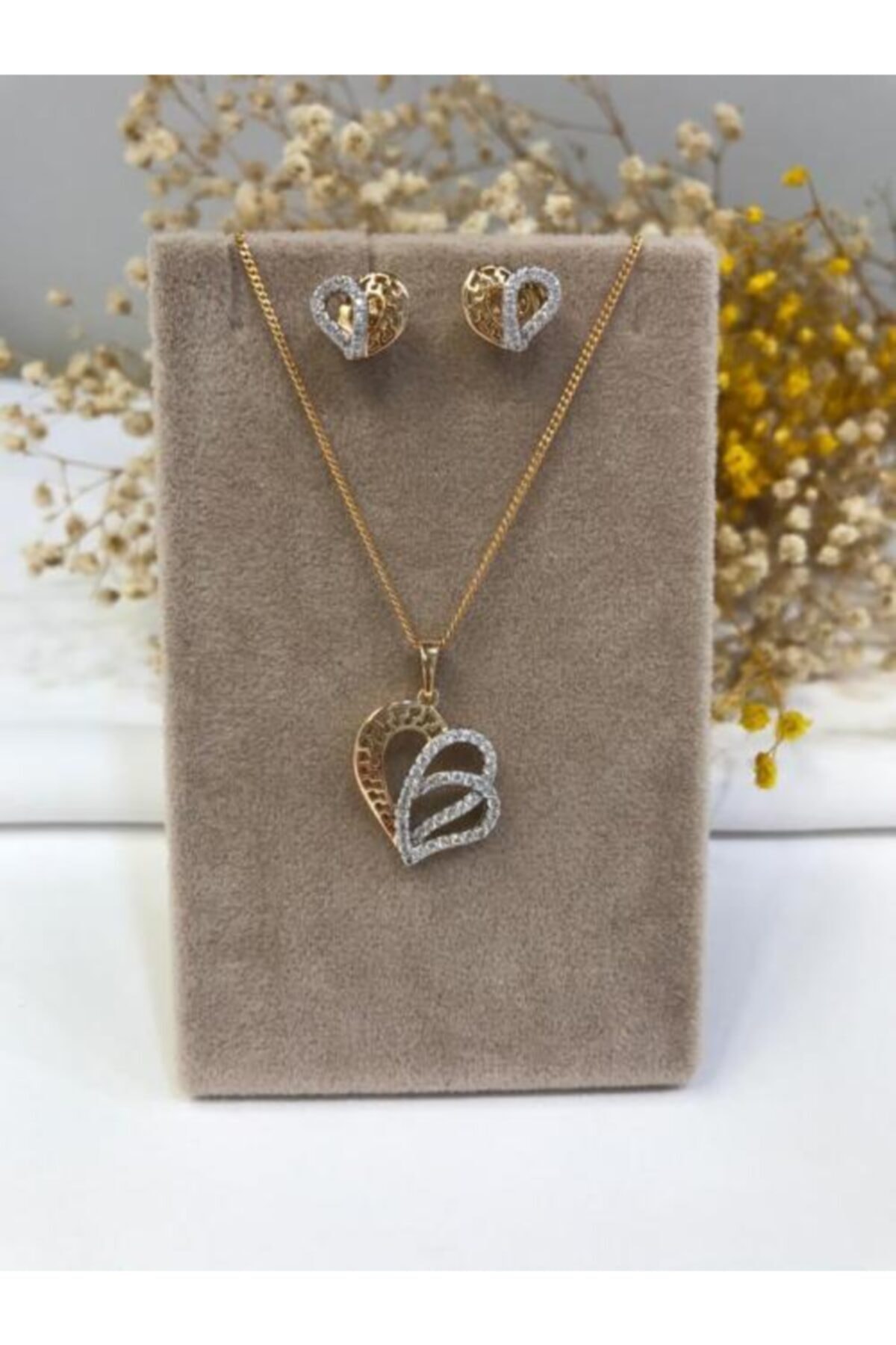 Affan Bijuteri Kalpli Zirkon Taş Kuyumcu Model Kolye Ve Küpe Takımı
