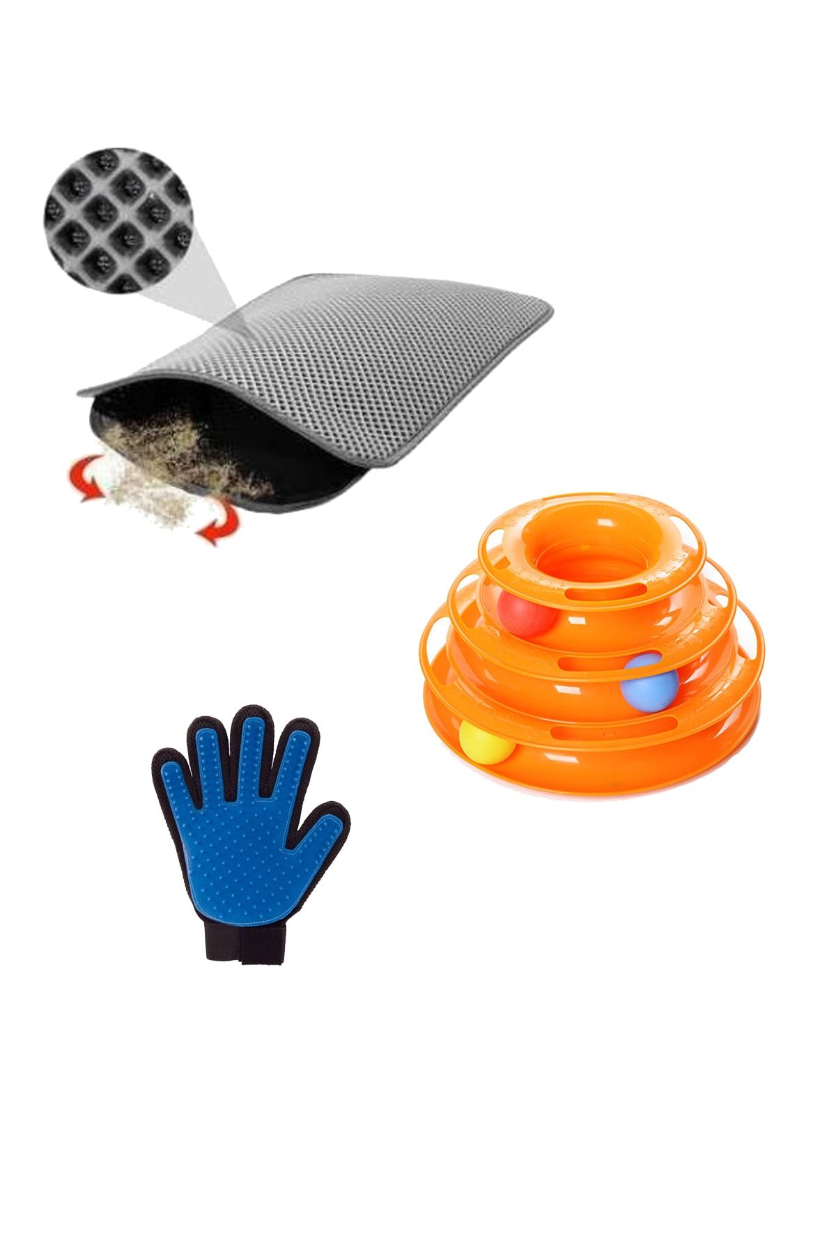 Miapet Tower Of Tracks Kedi Oyuncağı + Elekli Kedi Tuvalet Paspası (Gri) + Tüy Toplama Eldiveni